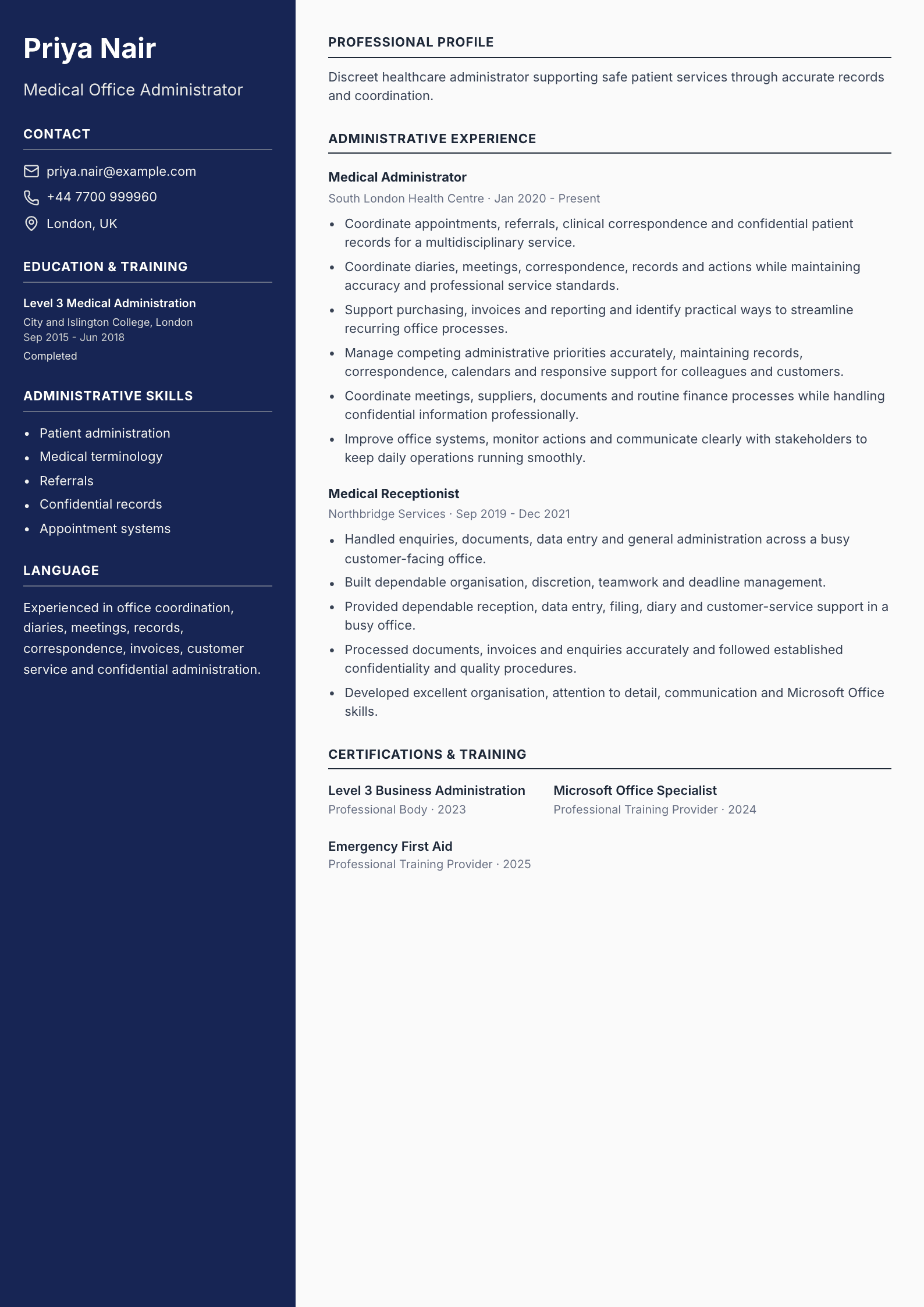 Medical Administrator CV template