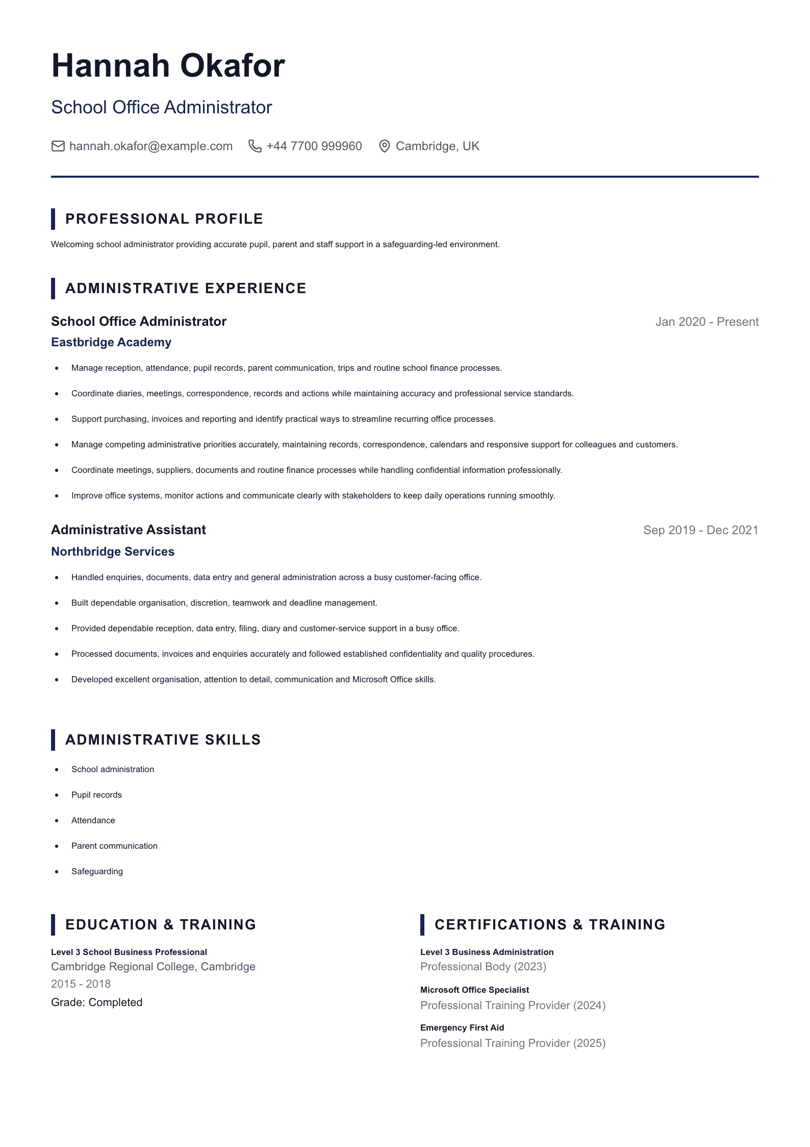 School Office Administrator CV template