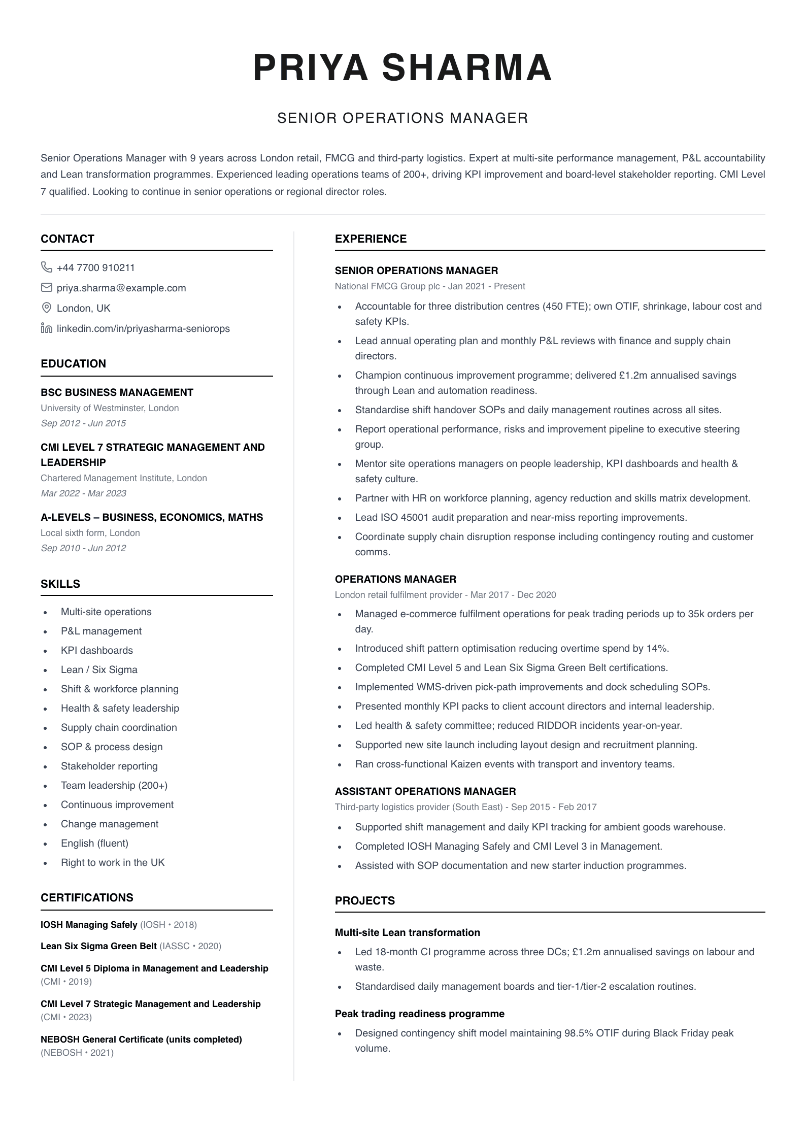 senior operations manager cv template