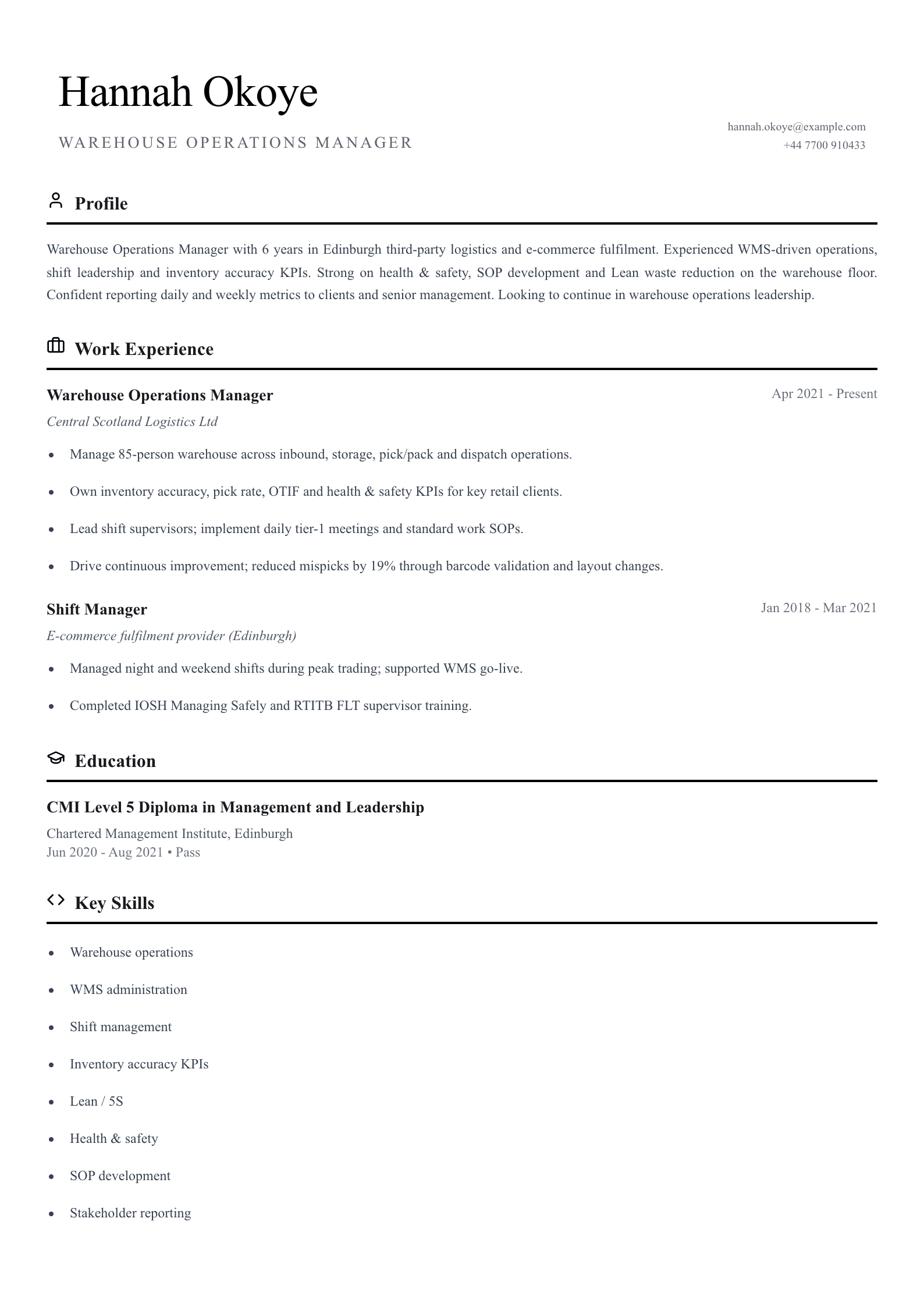 warehouse operations manager cv template