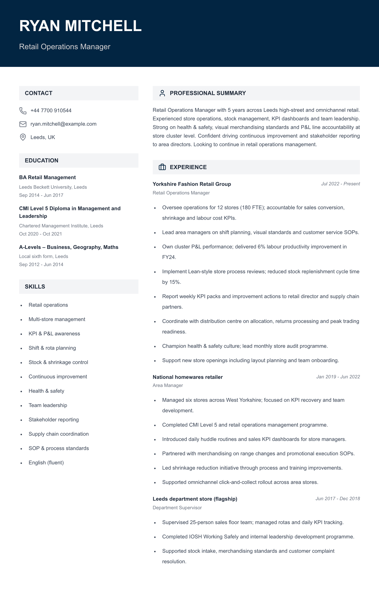 Retail operations manager CV template