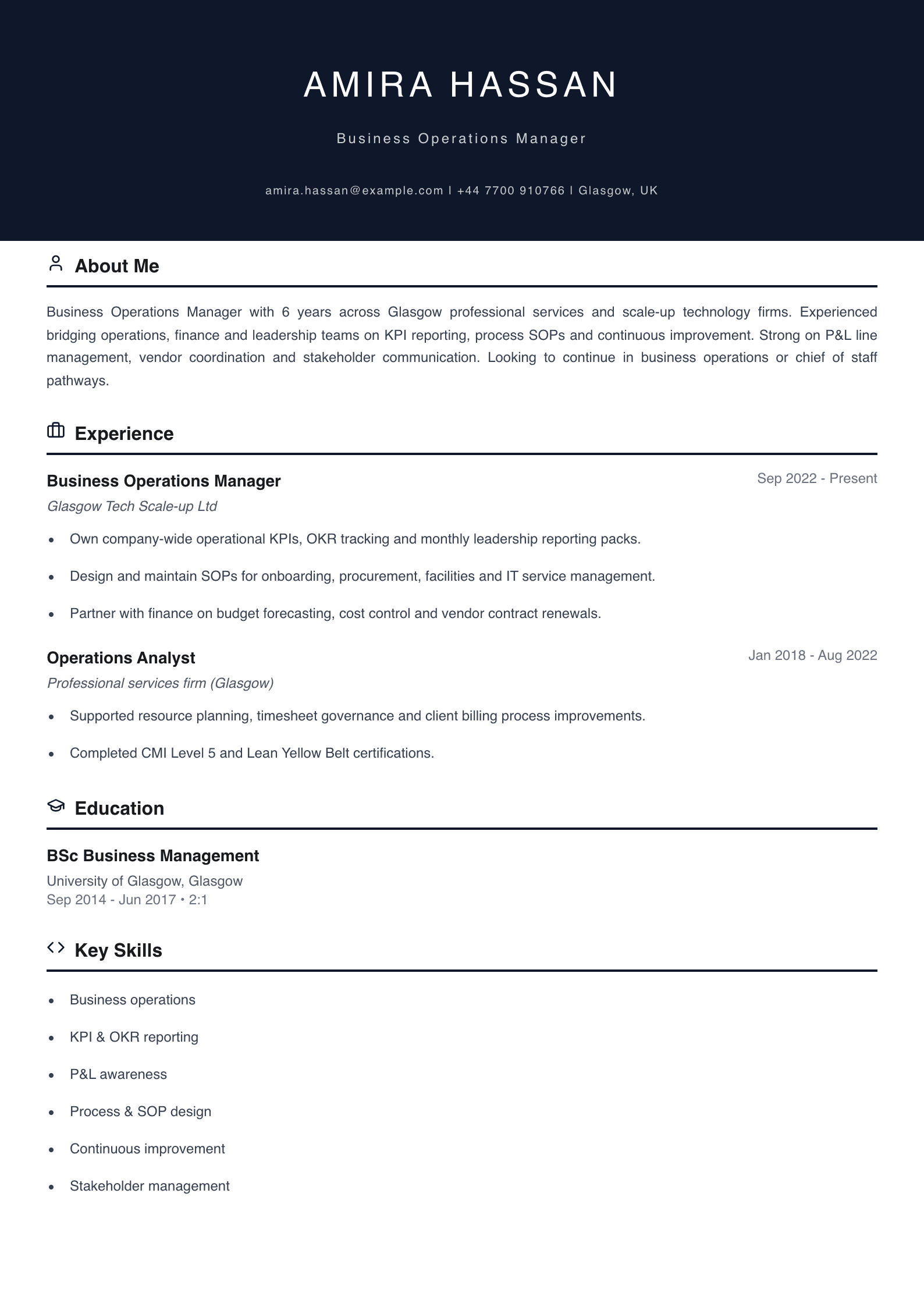 business operations manager cv template
