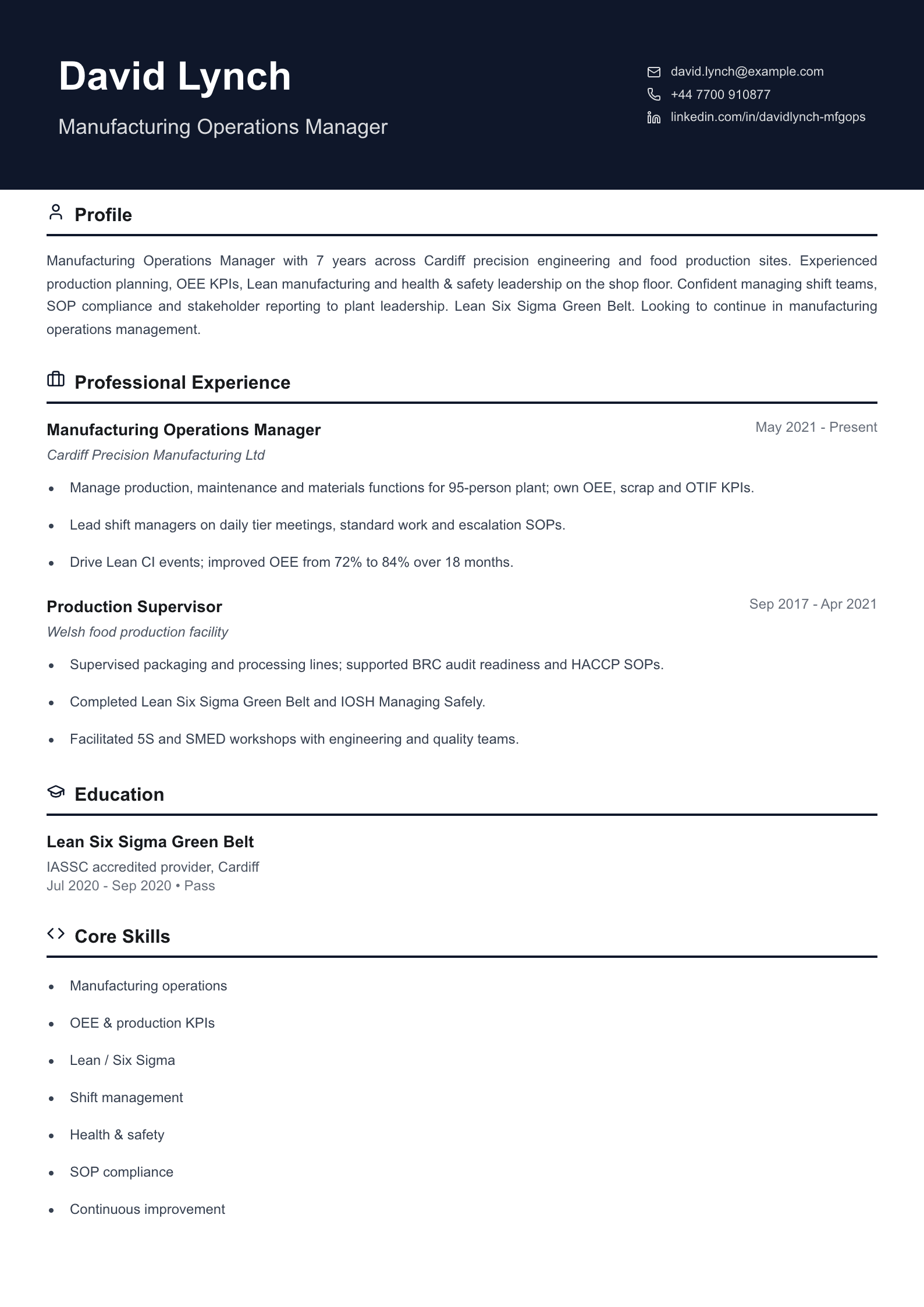 manufacturing operations manager cv template