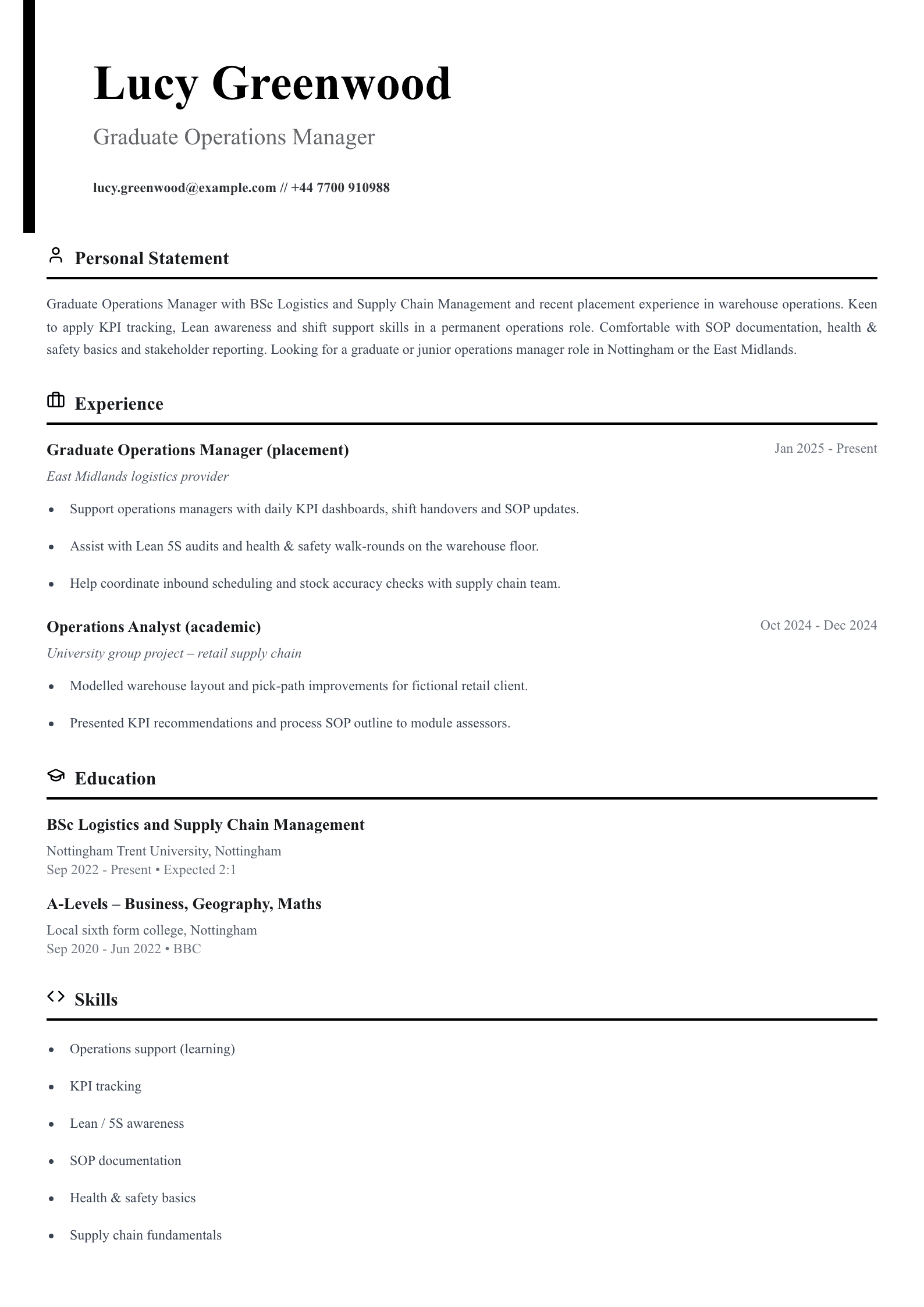 graduate operations manager cv template
