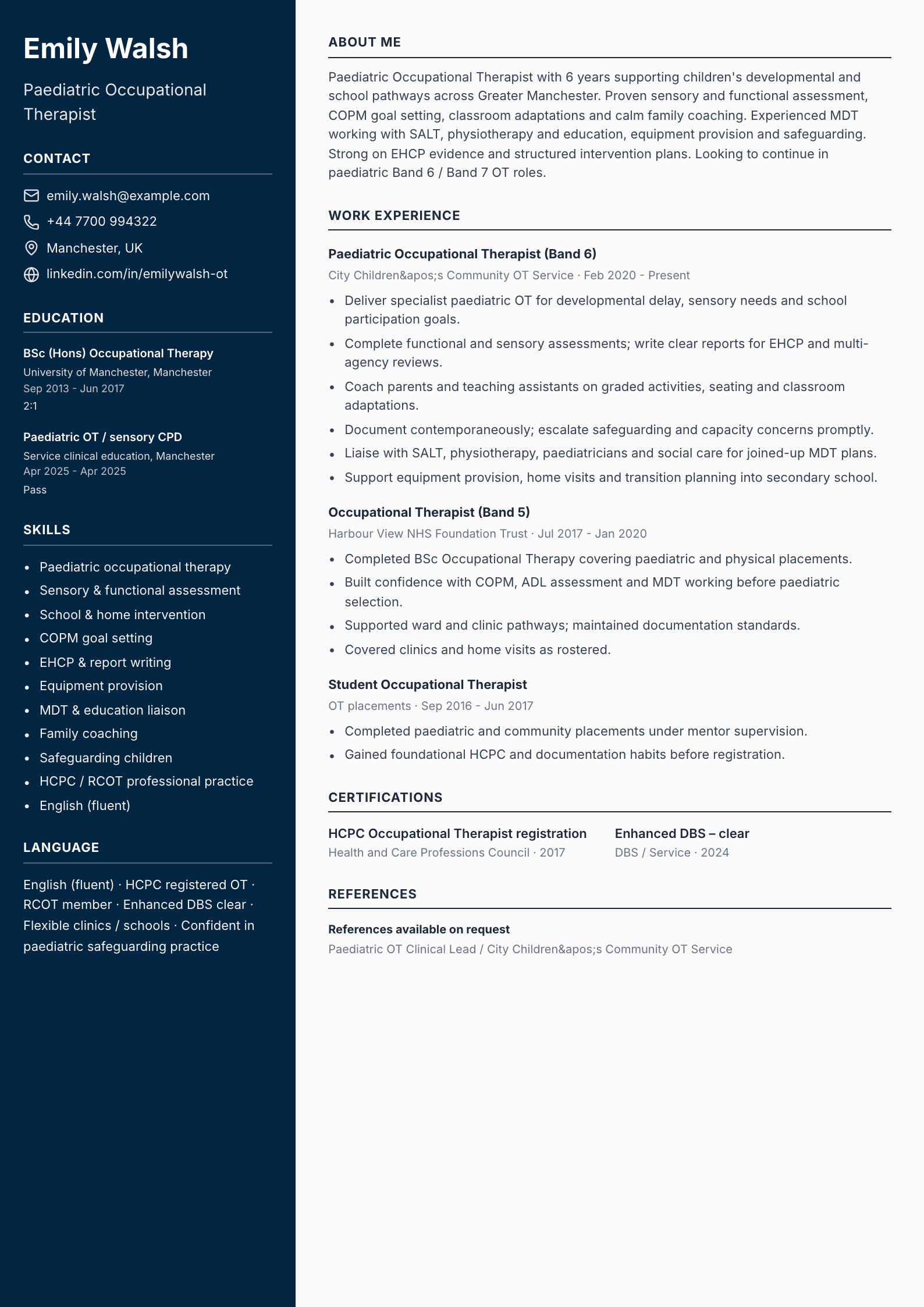 paediatric occupational therapist cv template