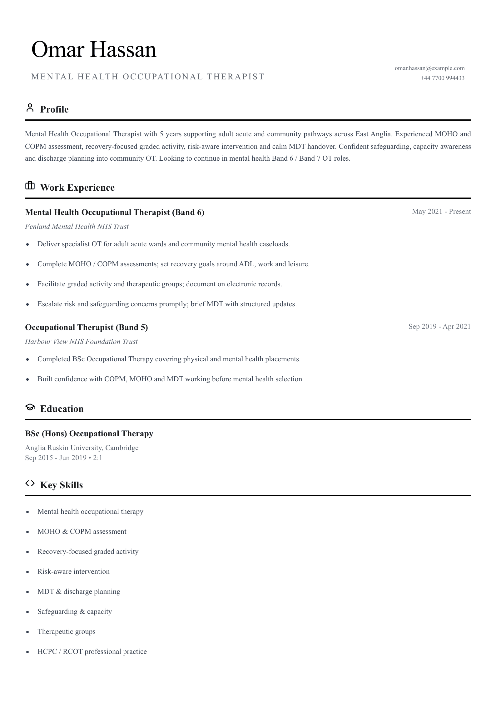 mental health occupational therapist cv template