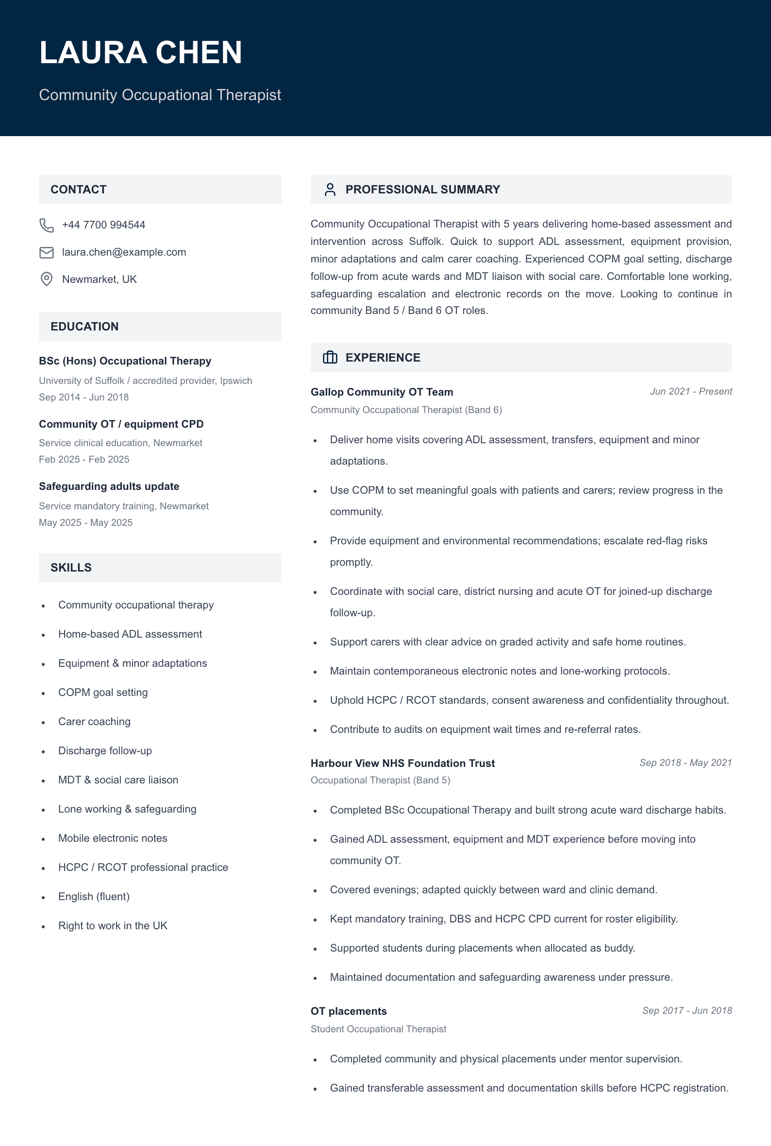 community occupational therapist cv template