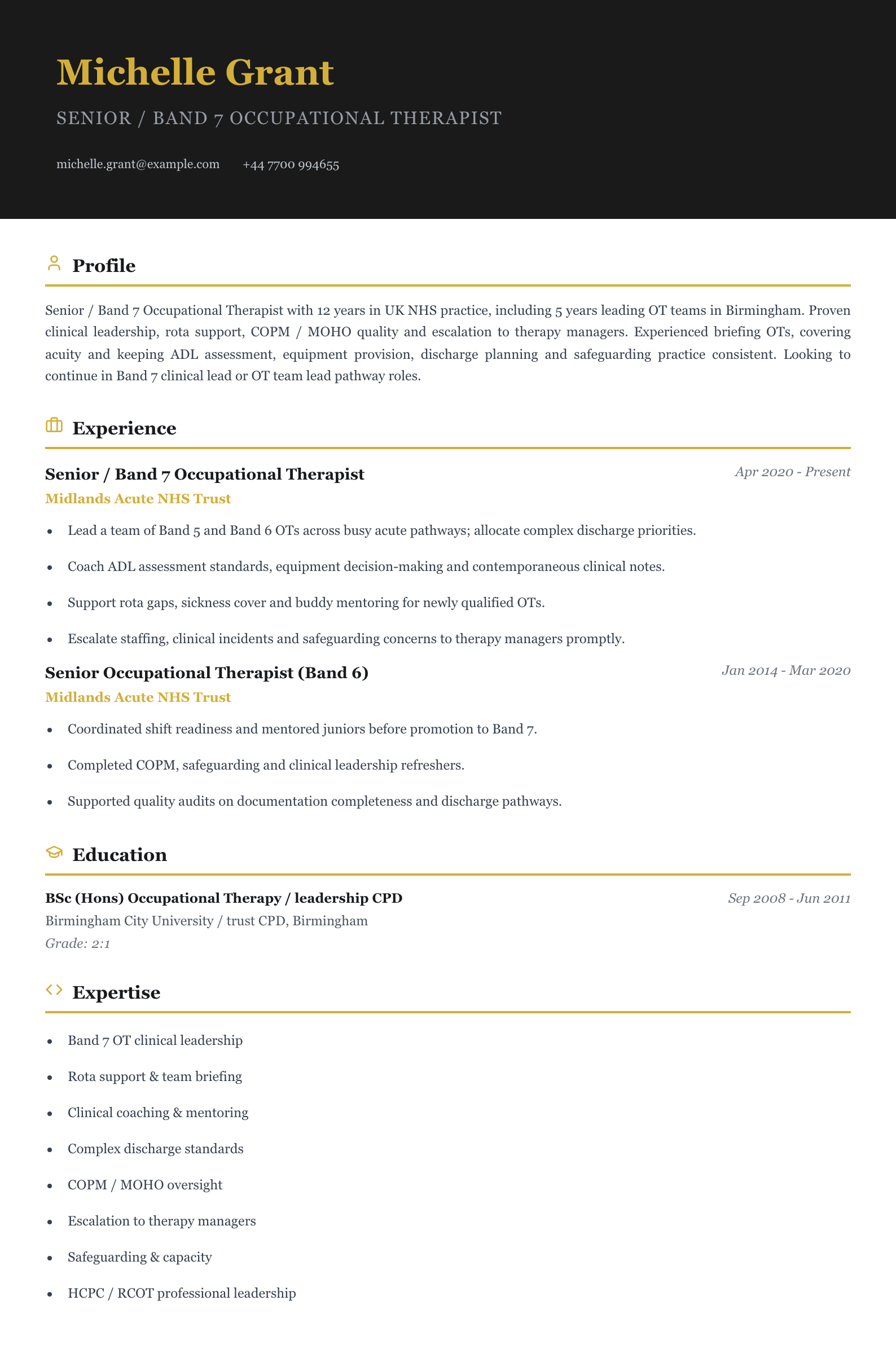 band 7 occupational therapist cv template