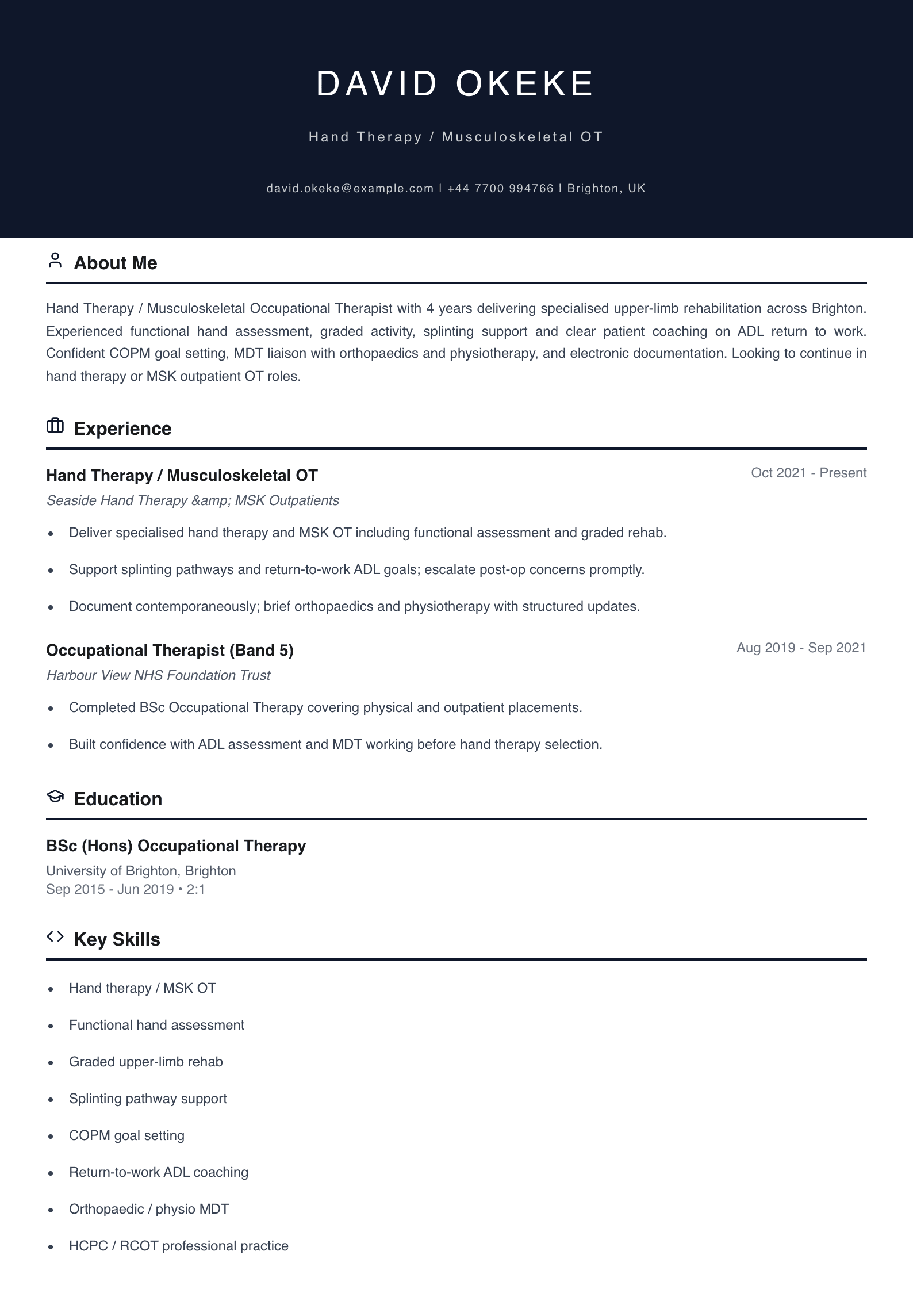 hand therapy musculoskeletal occupational therapist cv template