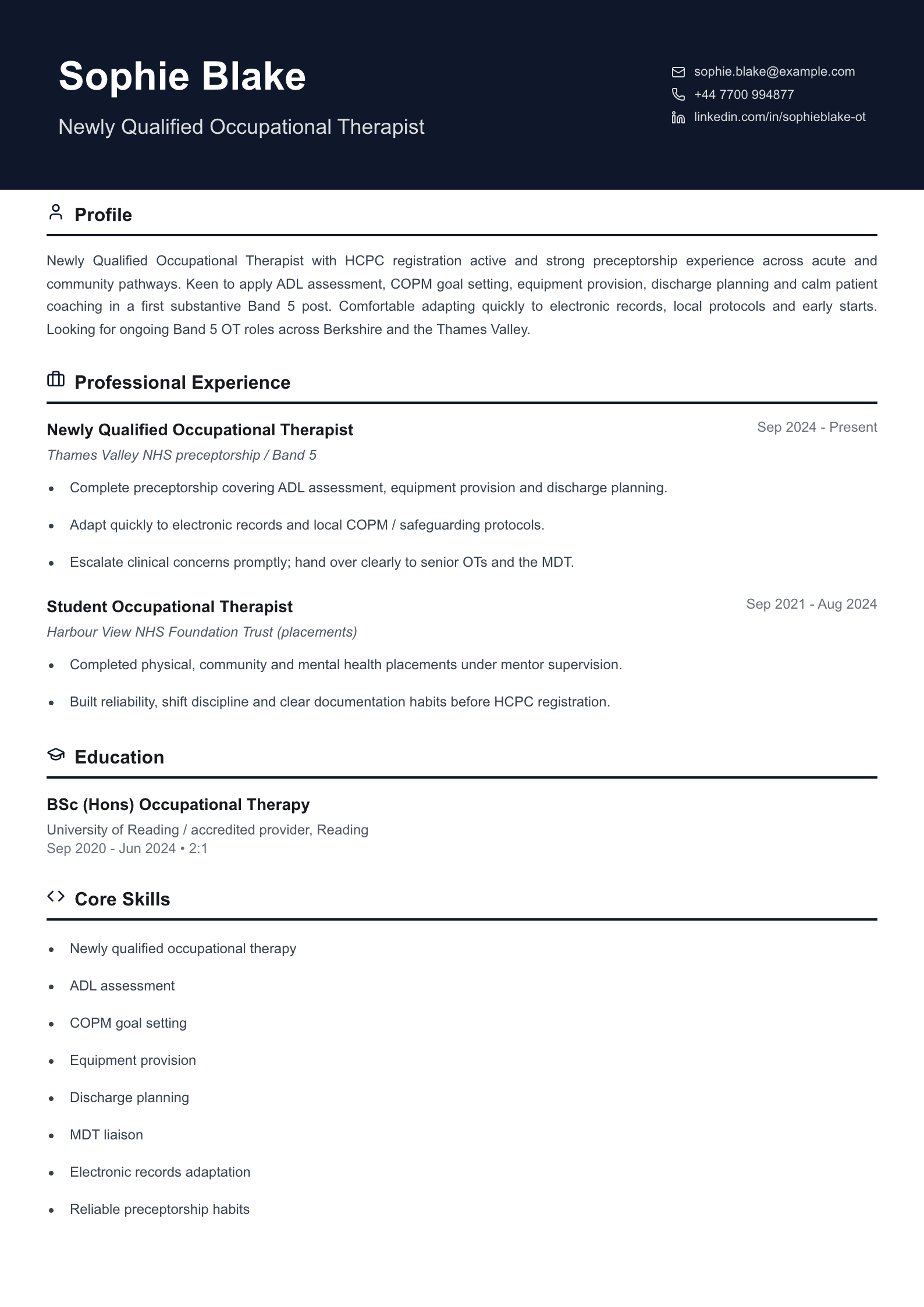 newly qualified occupational therapist cv template