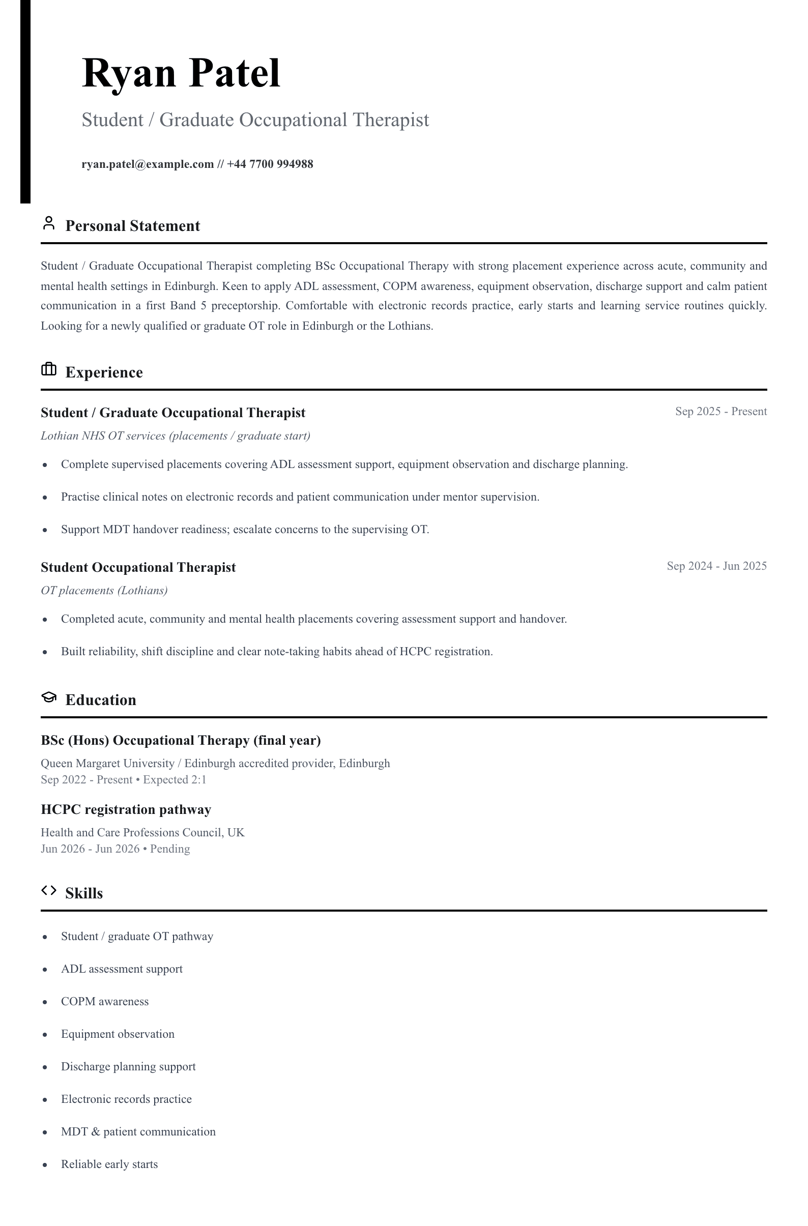 student graduate occupational therapist cv template