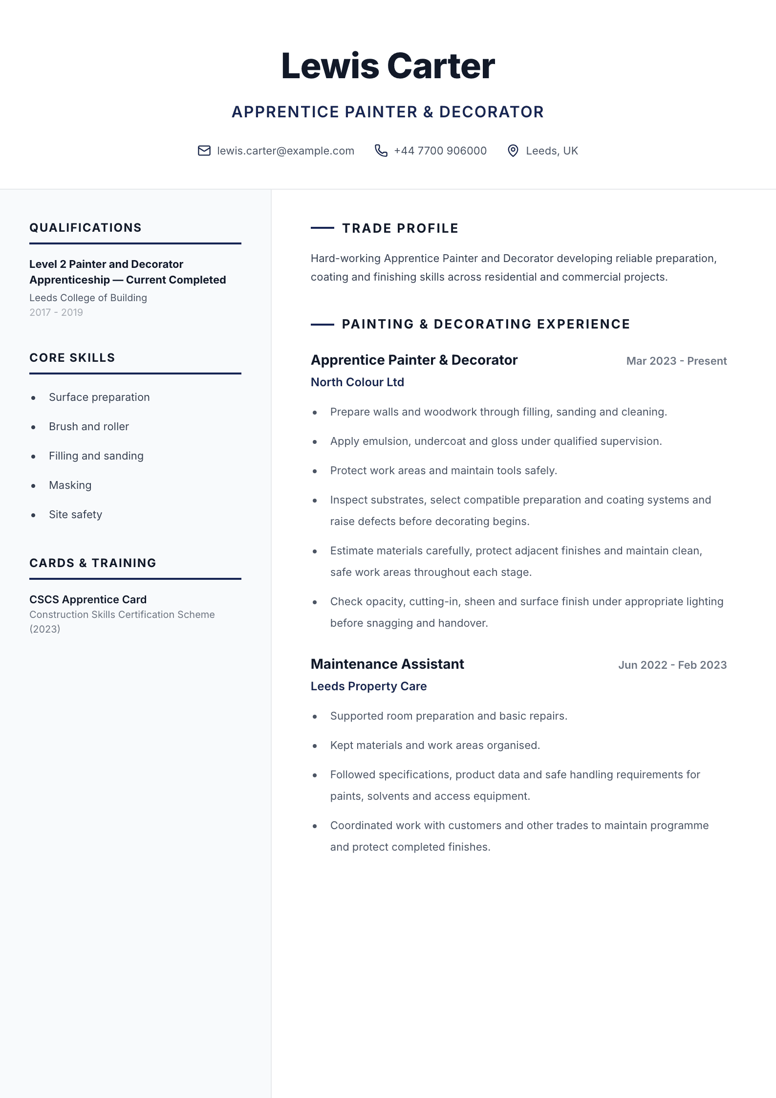 Apprentice Painter & Decorator CV template