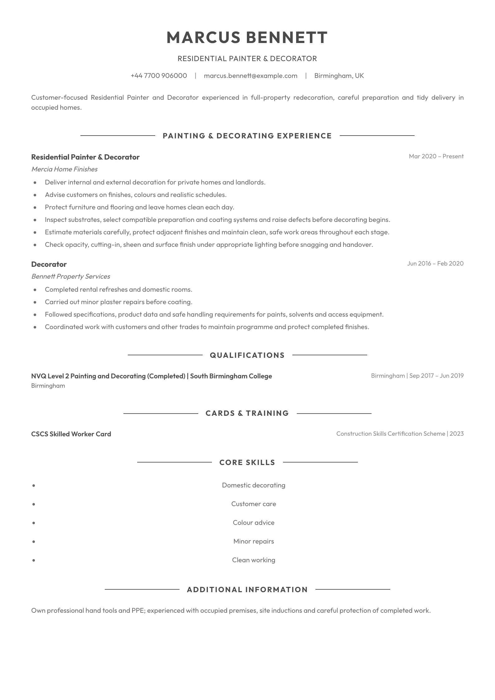 Residential Painter & Decorator CV template
