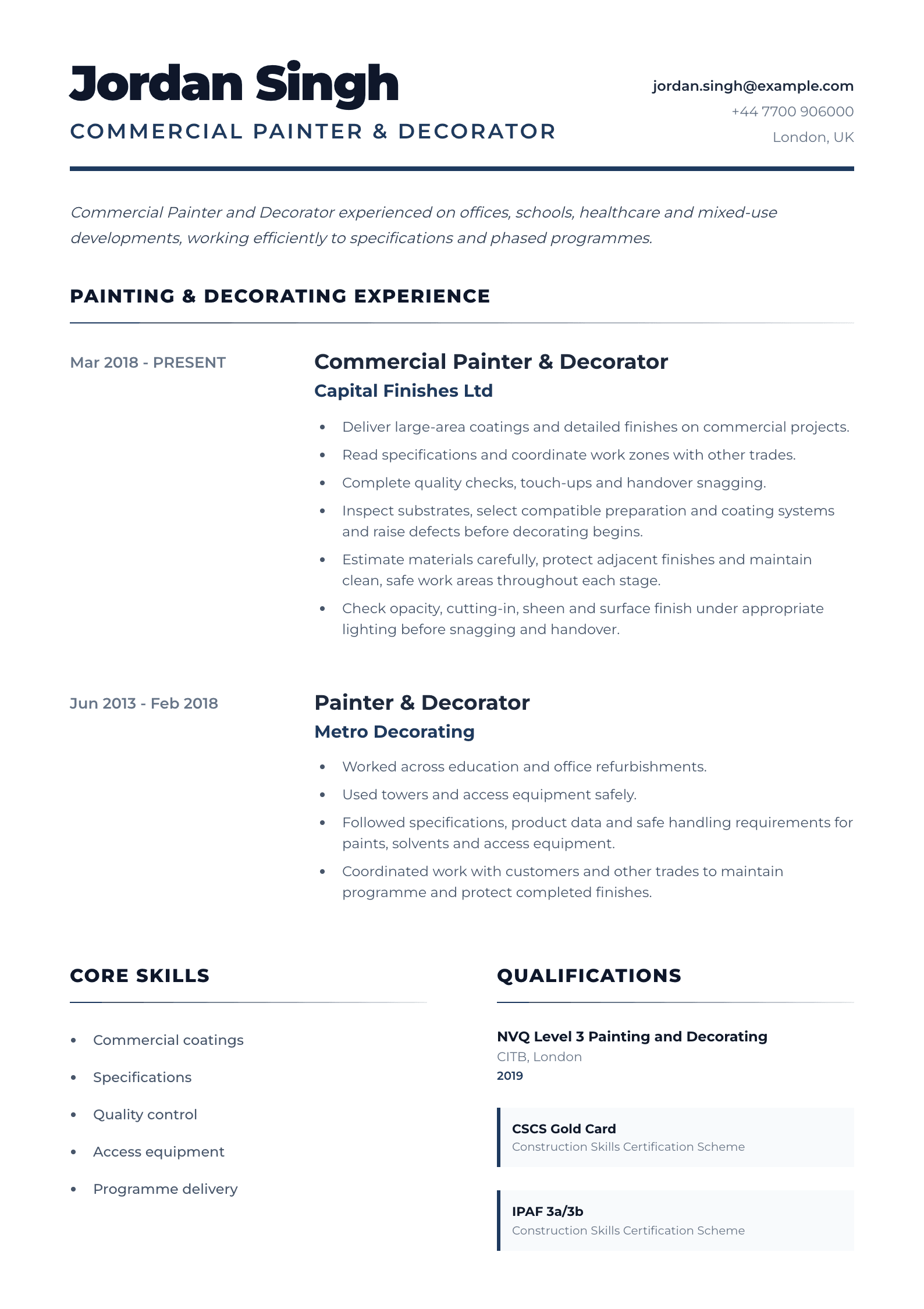 Commercial Painter & Decorator CV template