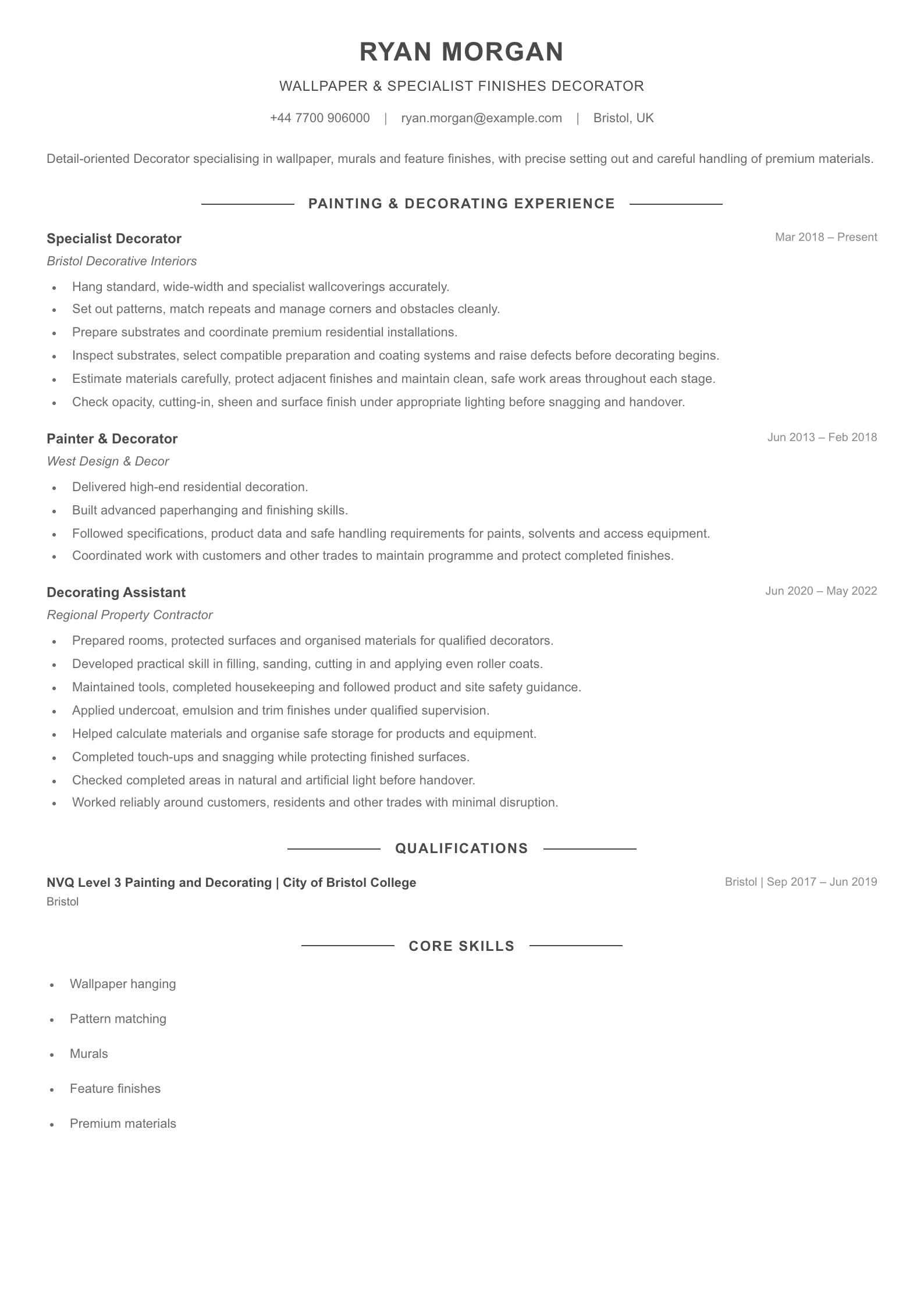 Wallpaper & Specialist Finishes CV template