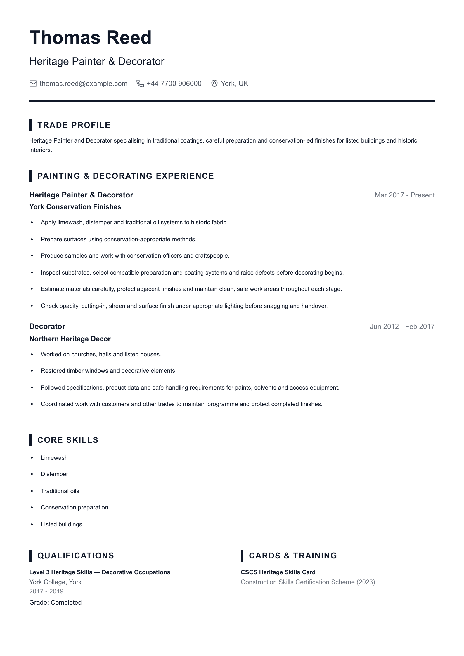 Heritage Painter & Decorator CV template