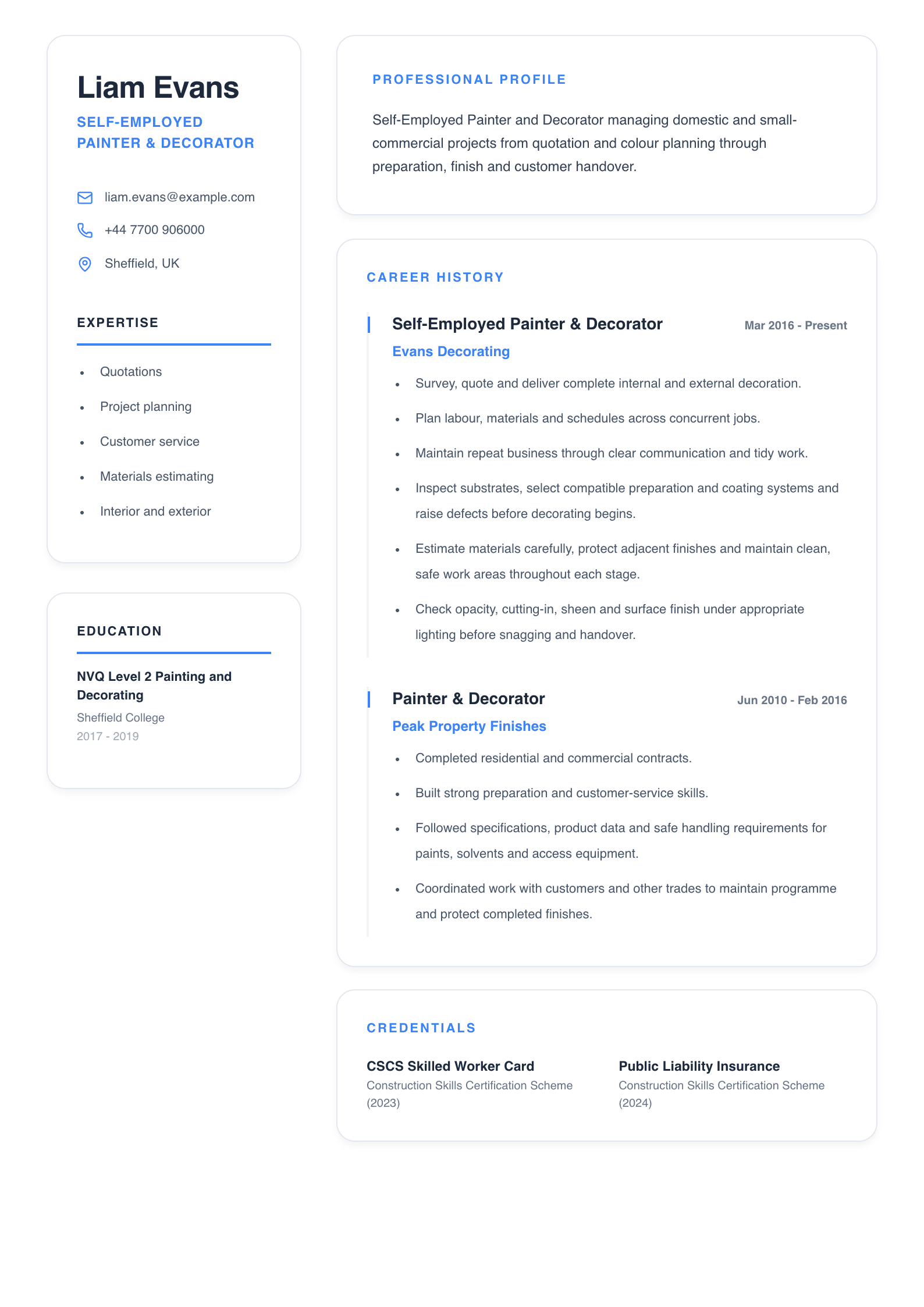 Self-Employed Painter & Decorator CV template
