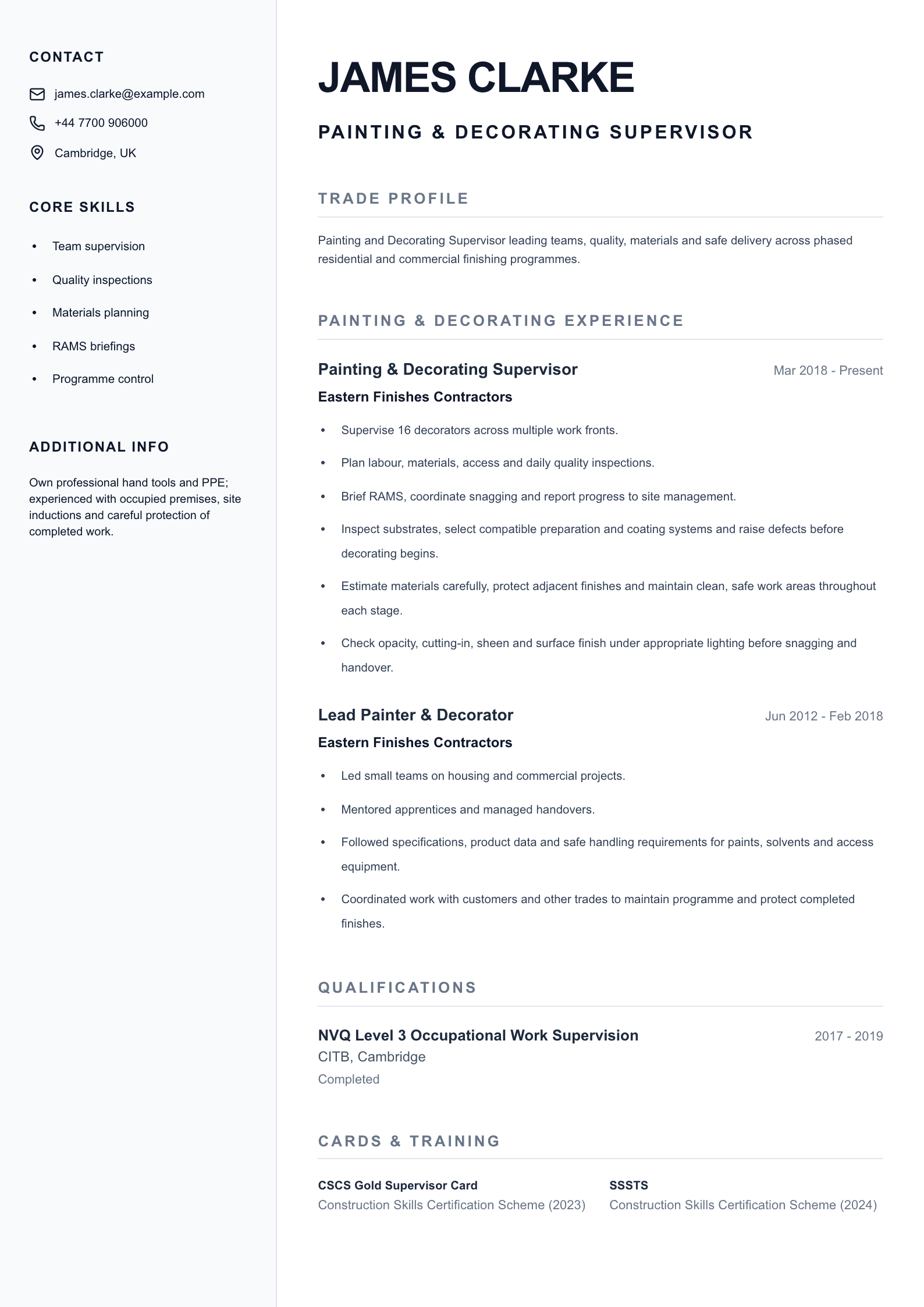 Painting & Decorating Supervisor CV template