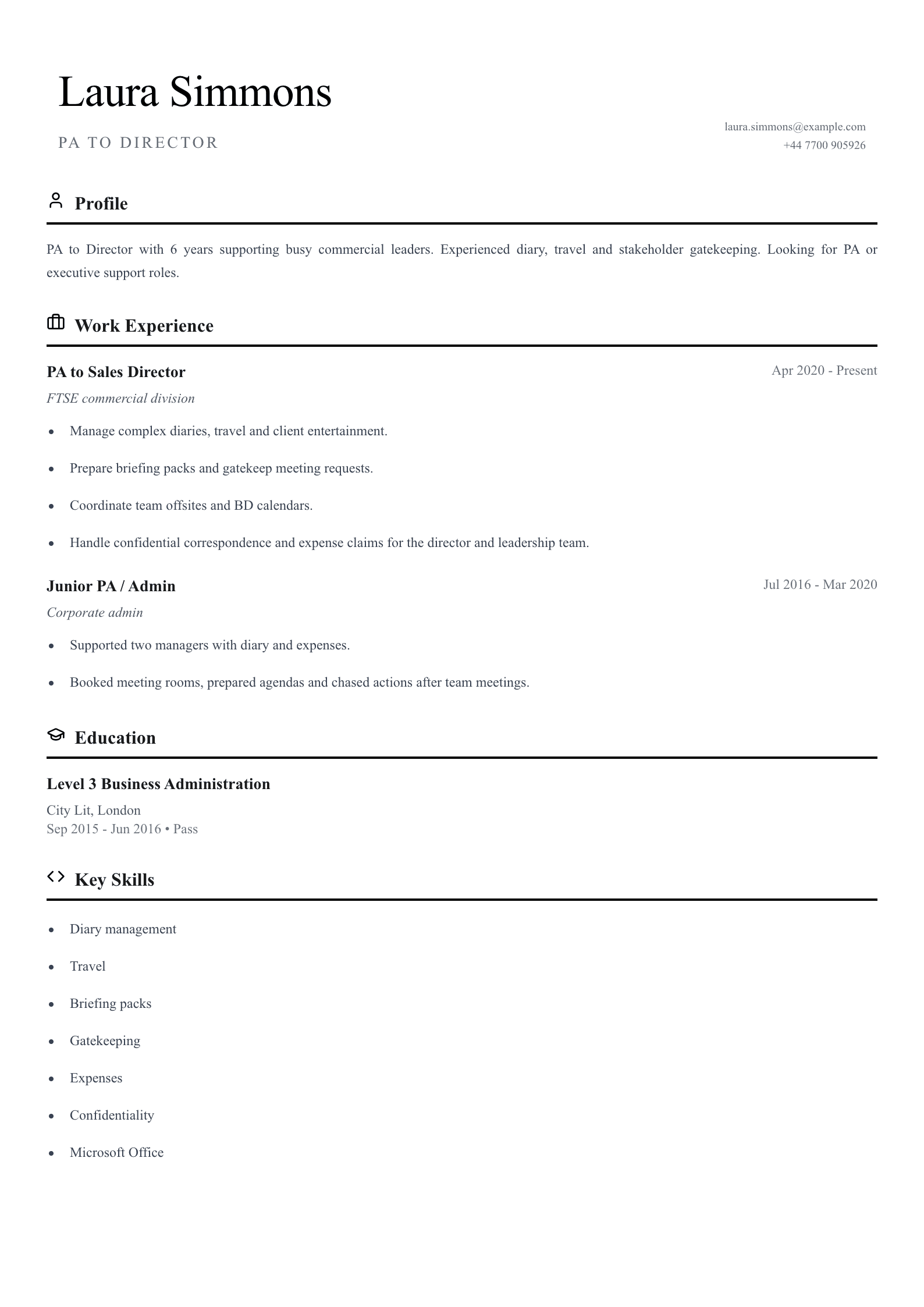 pa to director cv template