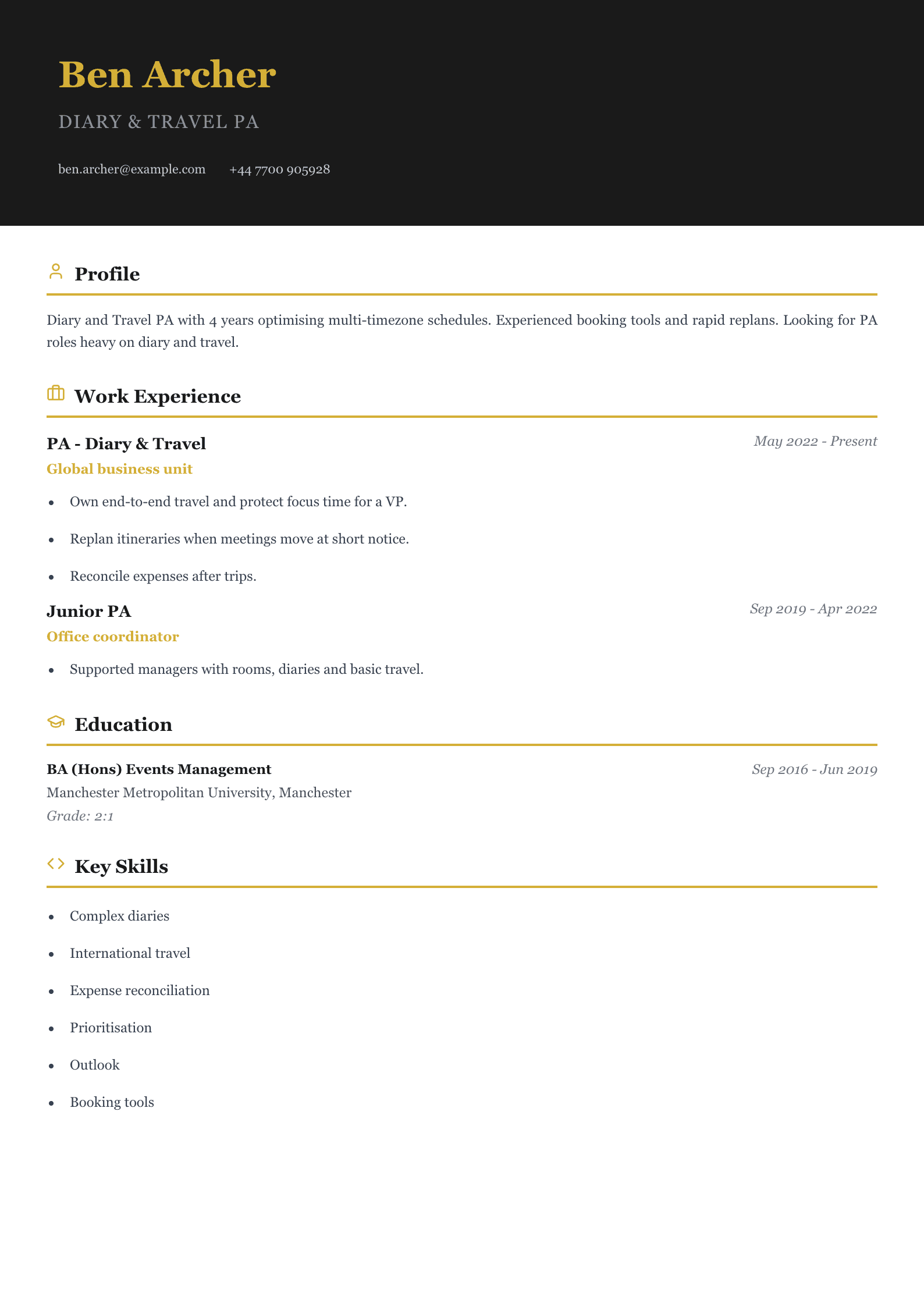 diary travel pa cv template