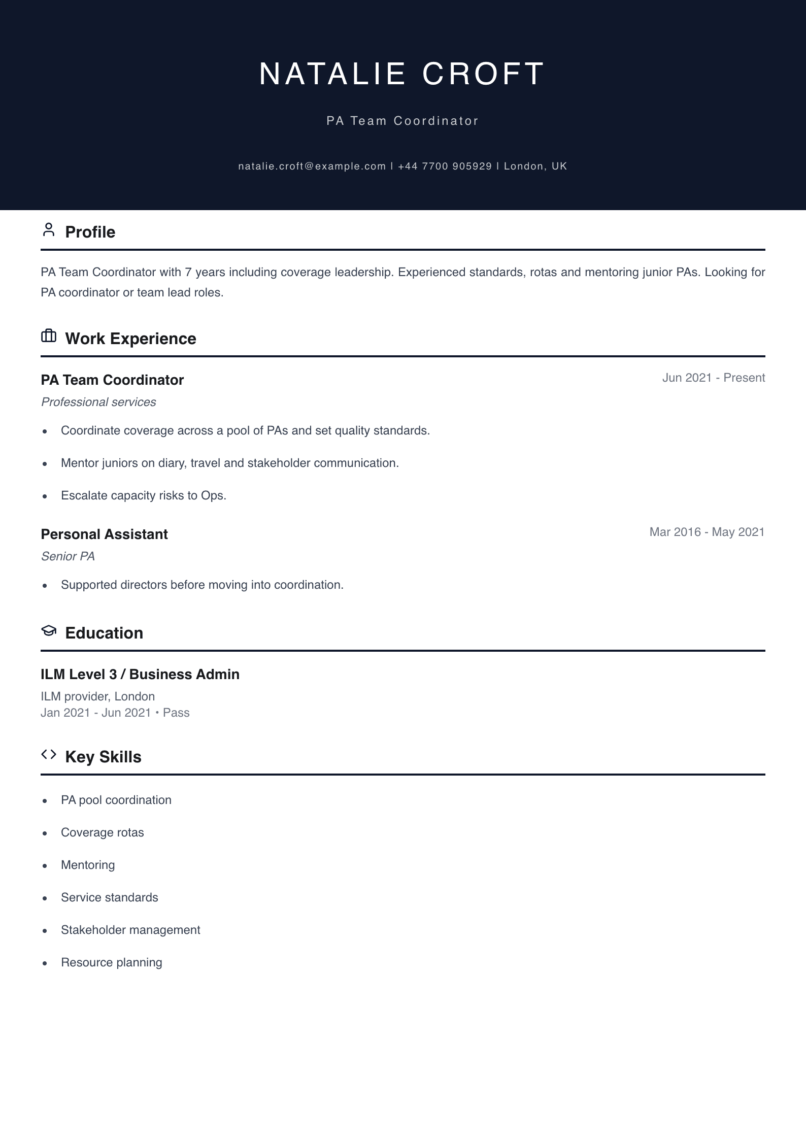 pa team coordinator cv template