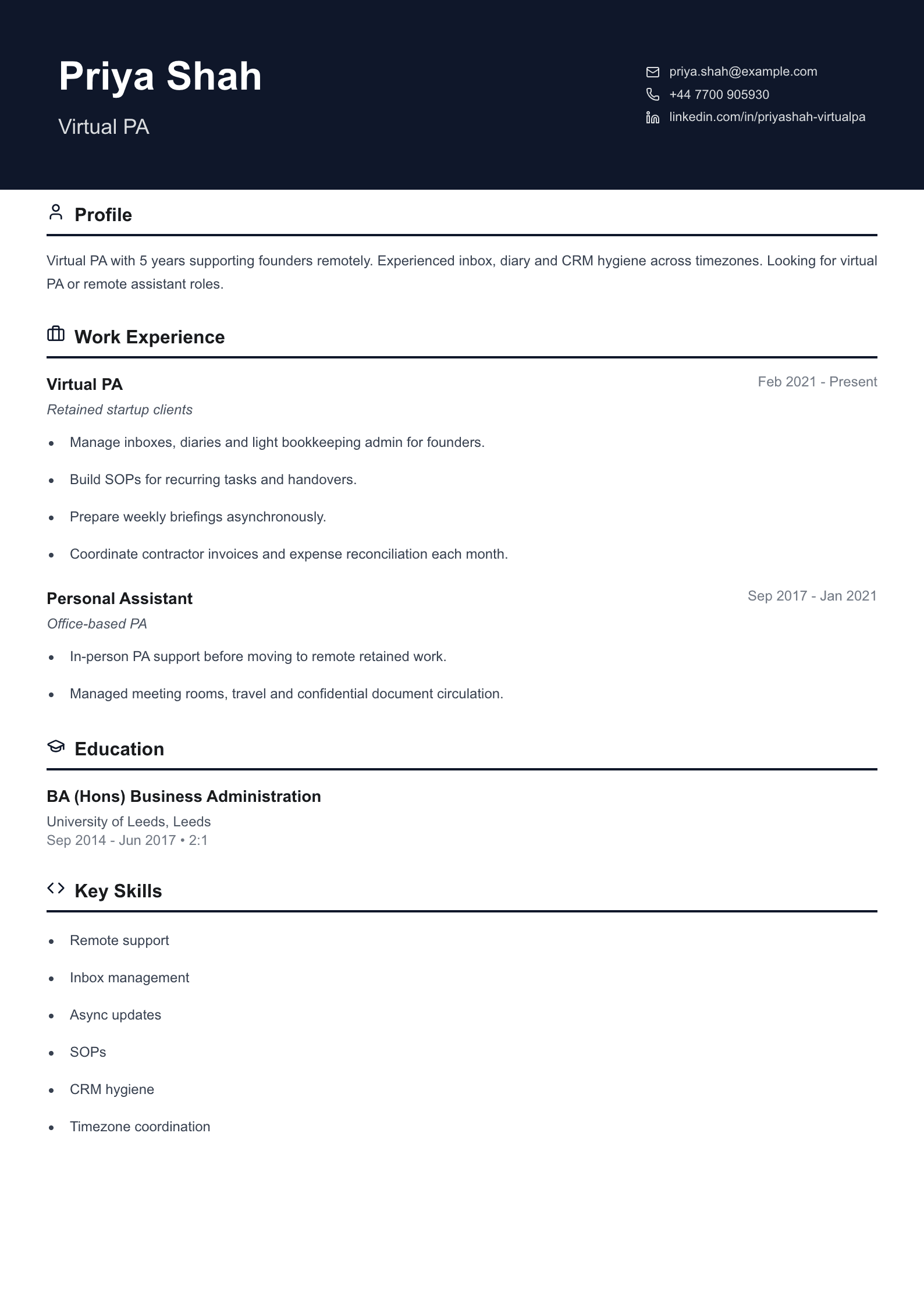virtual pa cv template