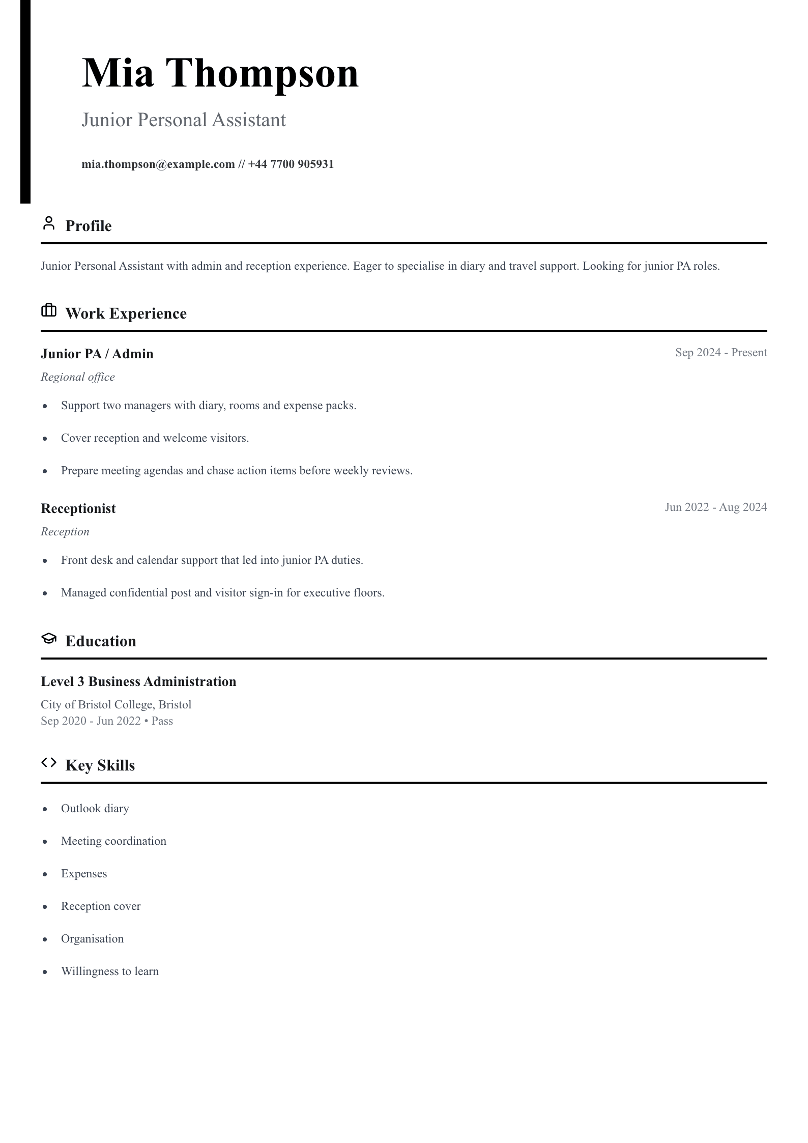 junior personal assistant cv template