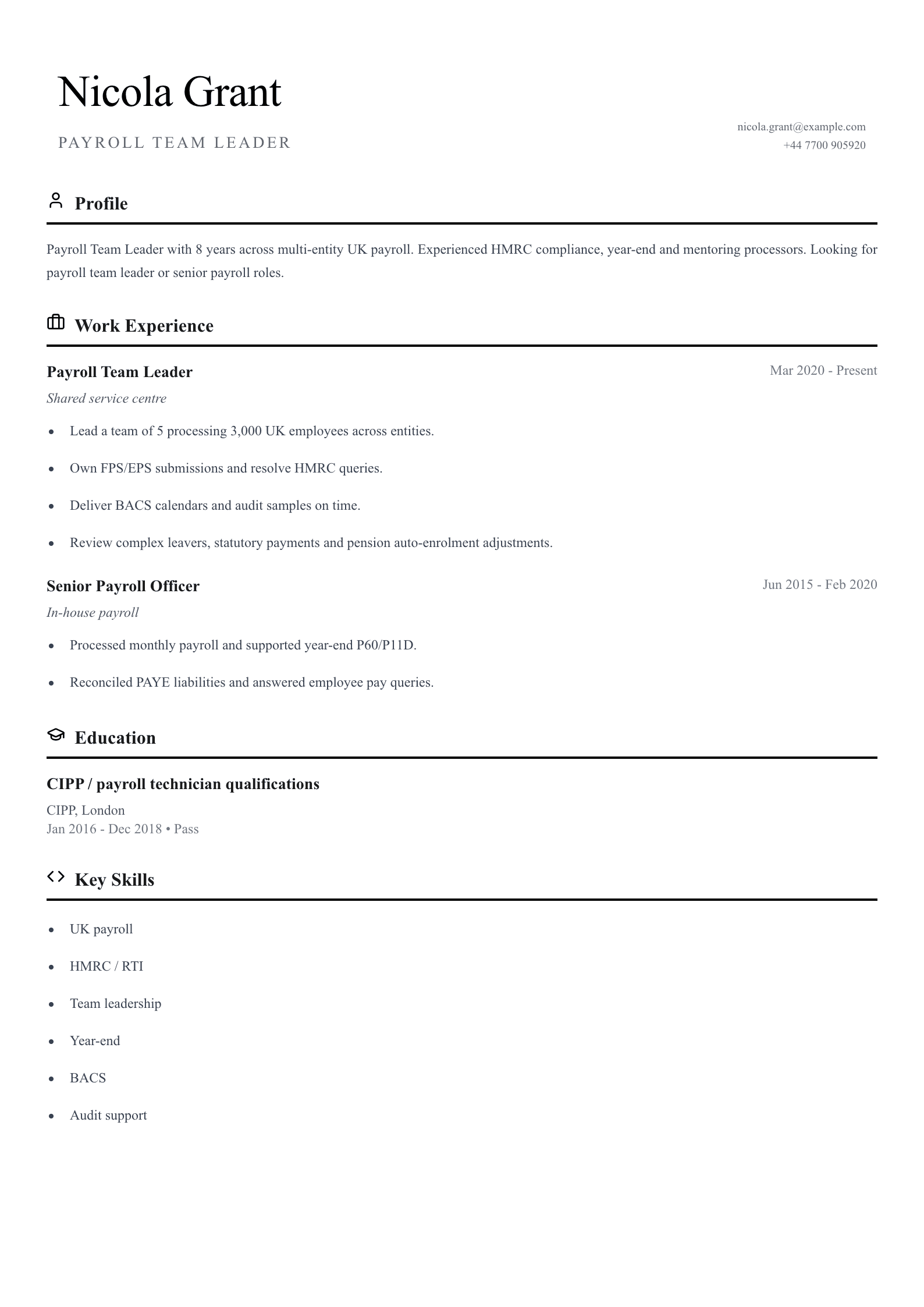 multi-entity payroll team leader cv template