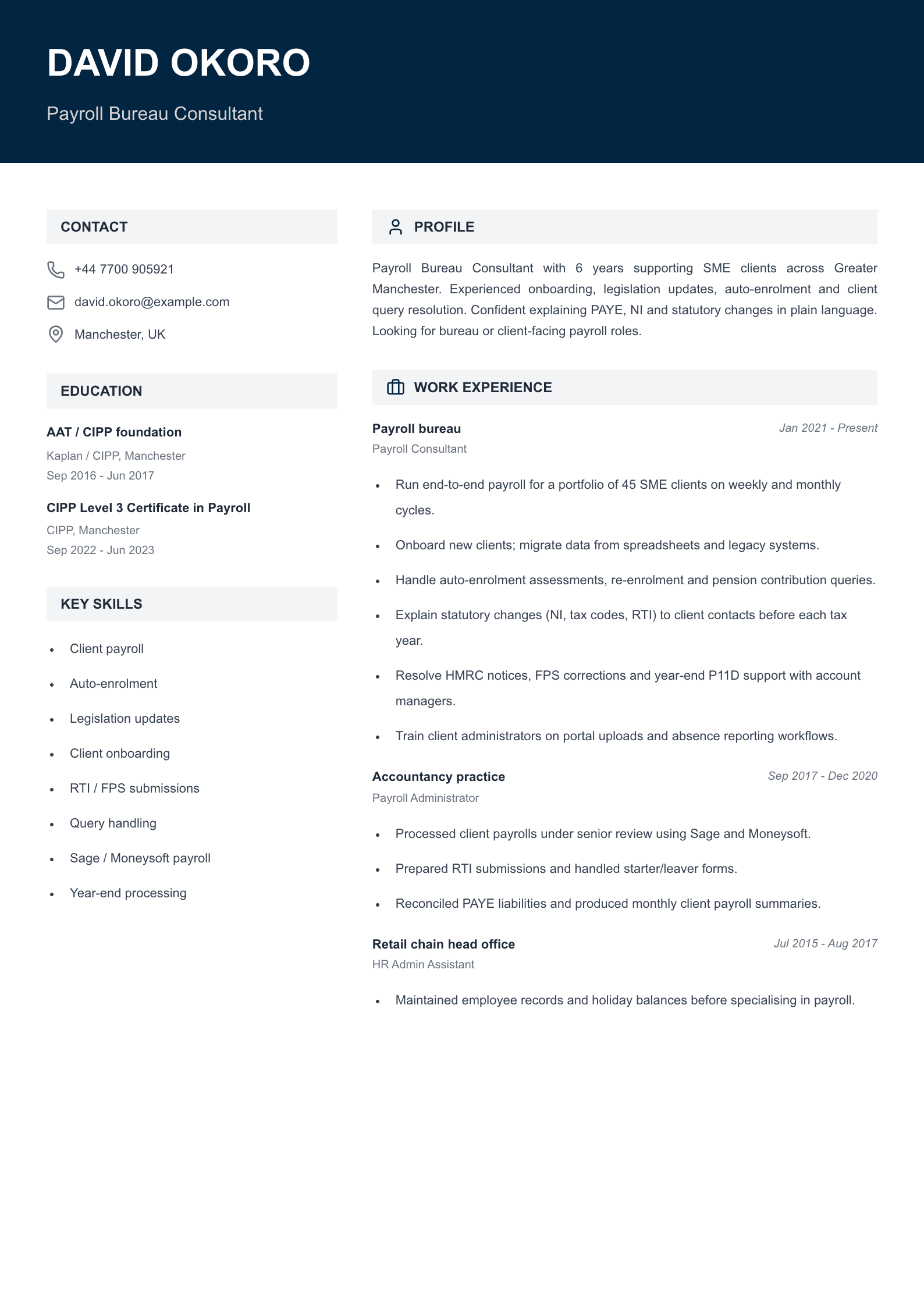 payroll bureau consultant cv template