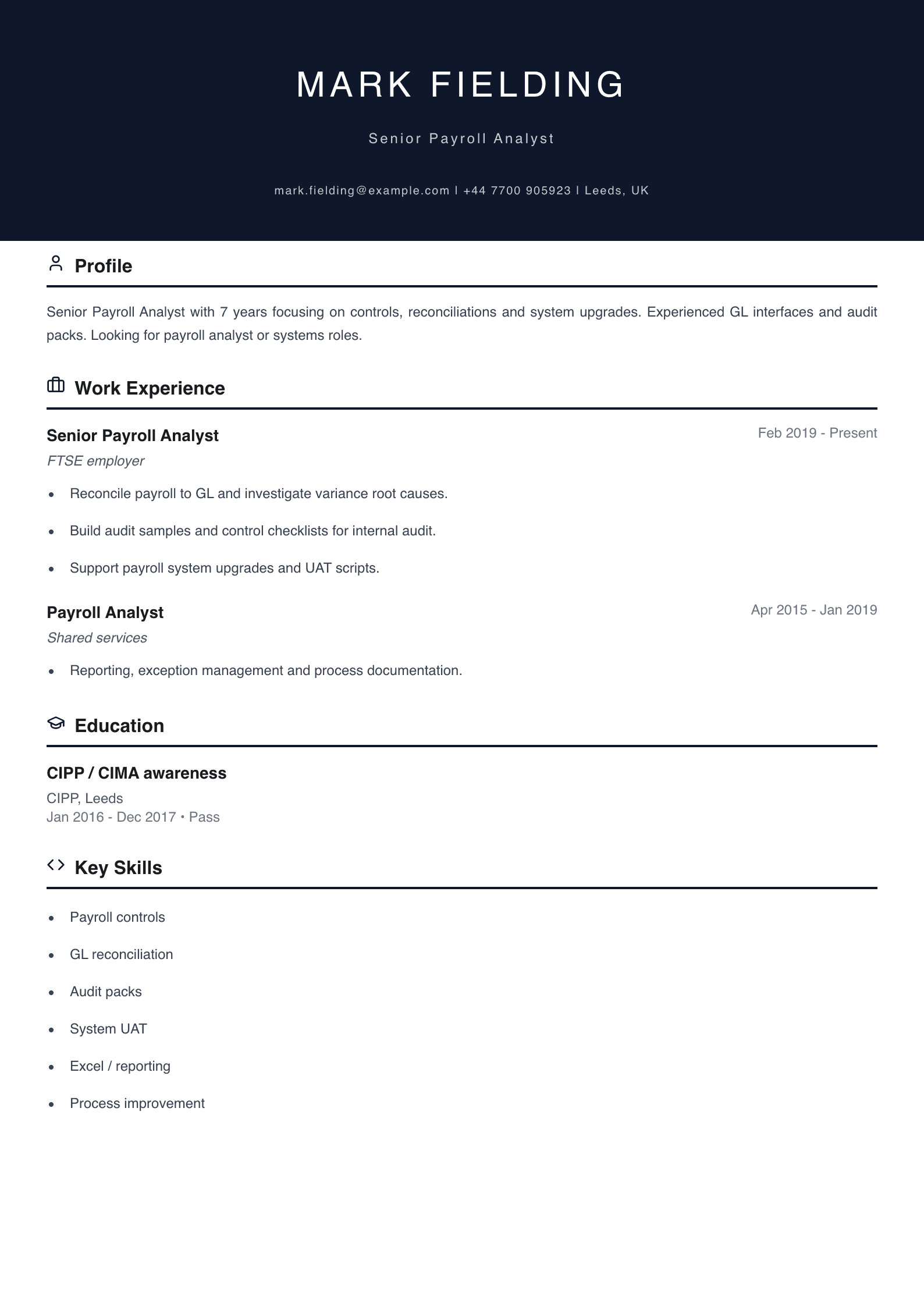 senior payroll analyst cv template
