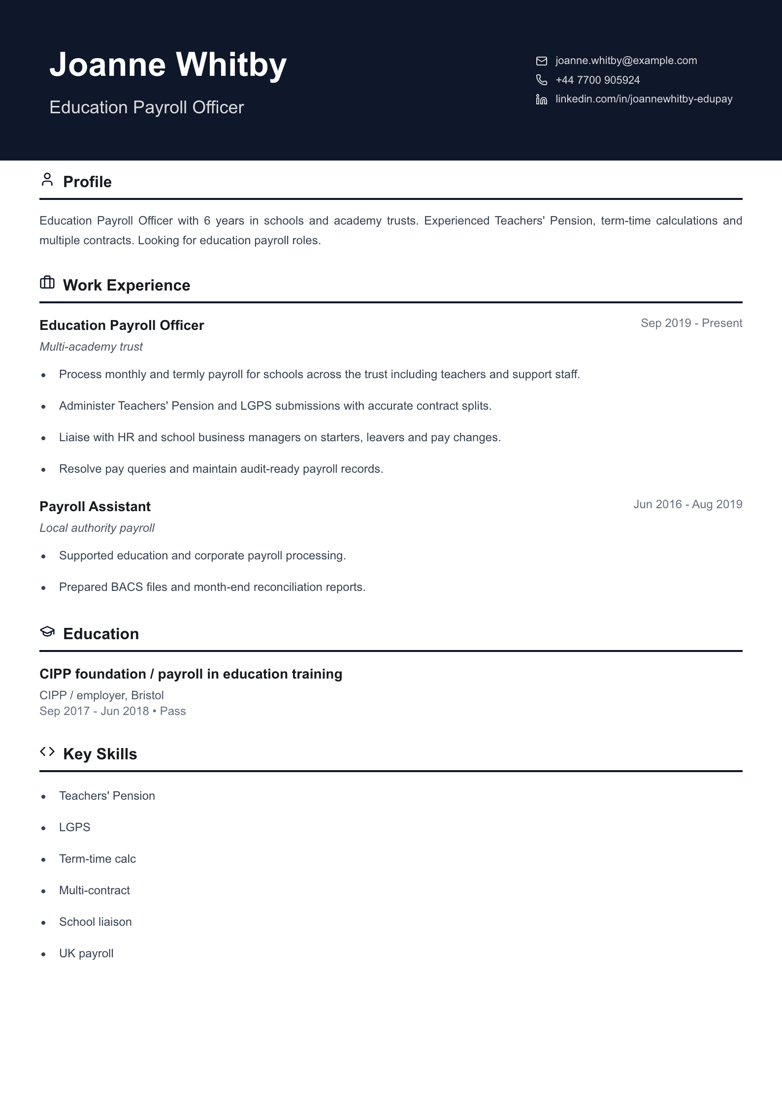 education payroll officer cv template