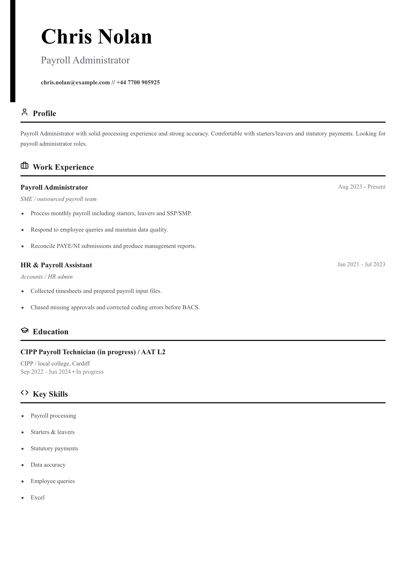 monthly payroll administrator cv template