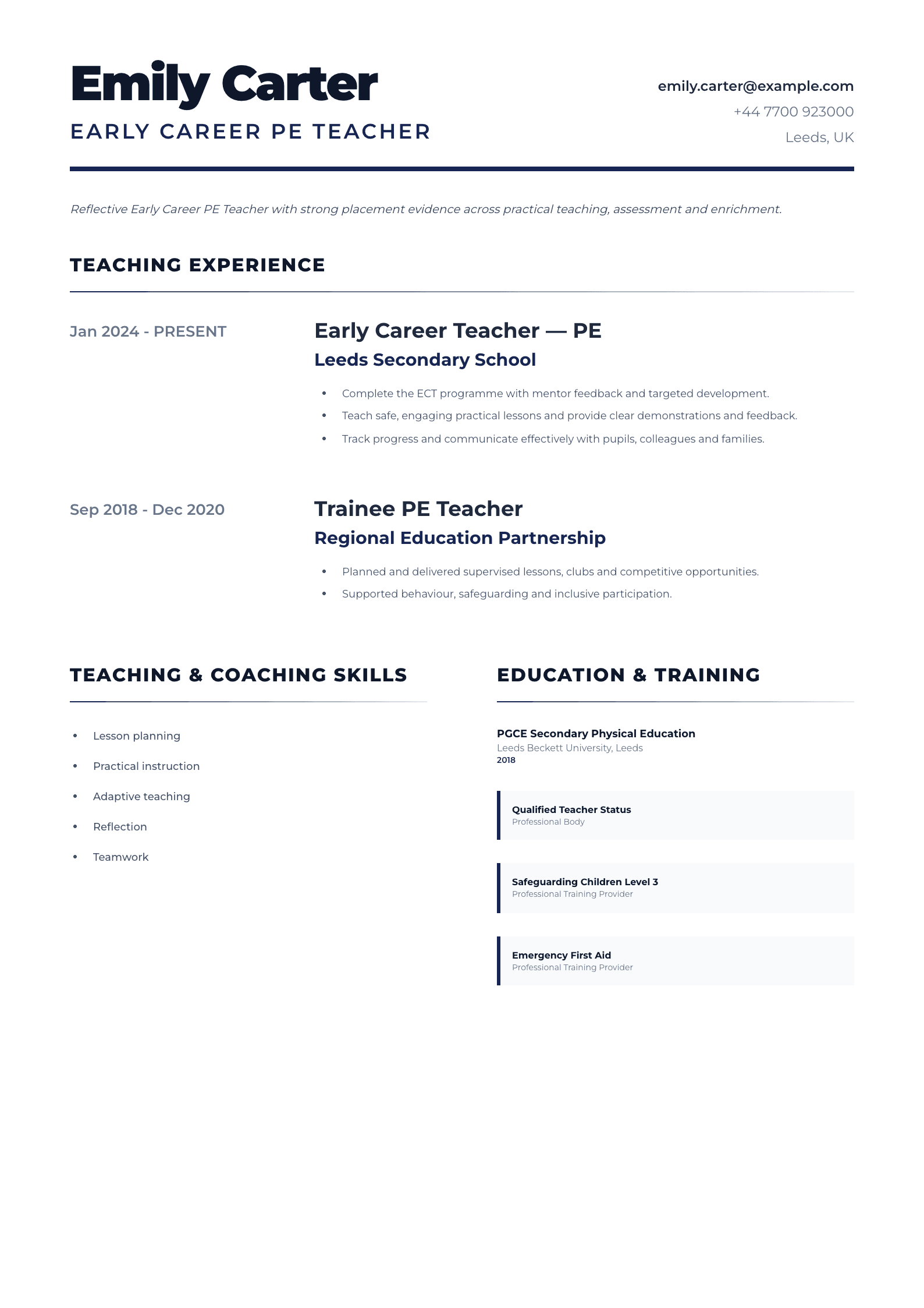 Early Career PE Teacher CV template