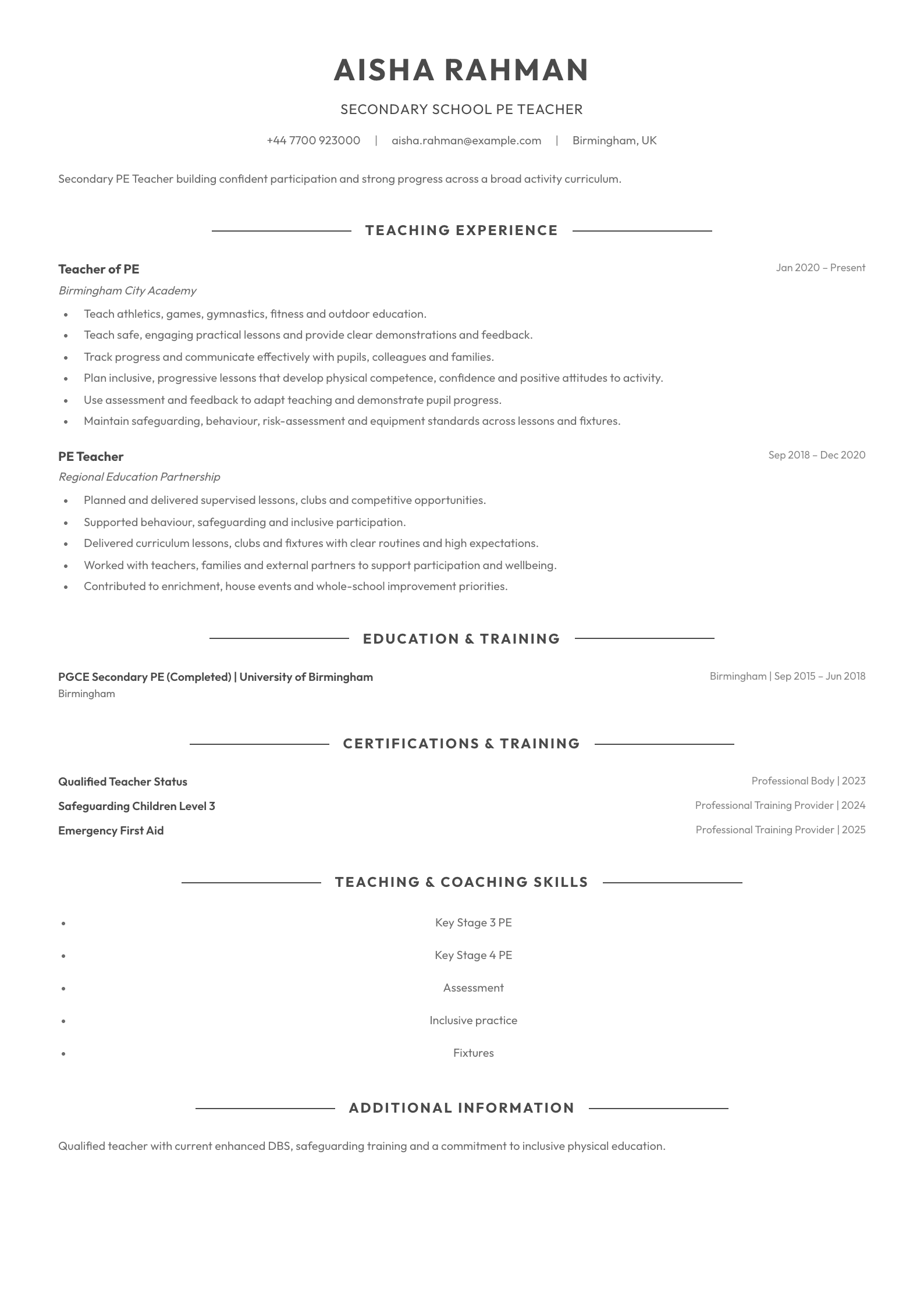 Secondary School PE Teacher CV template