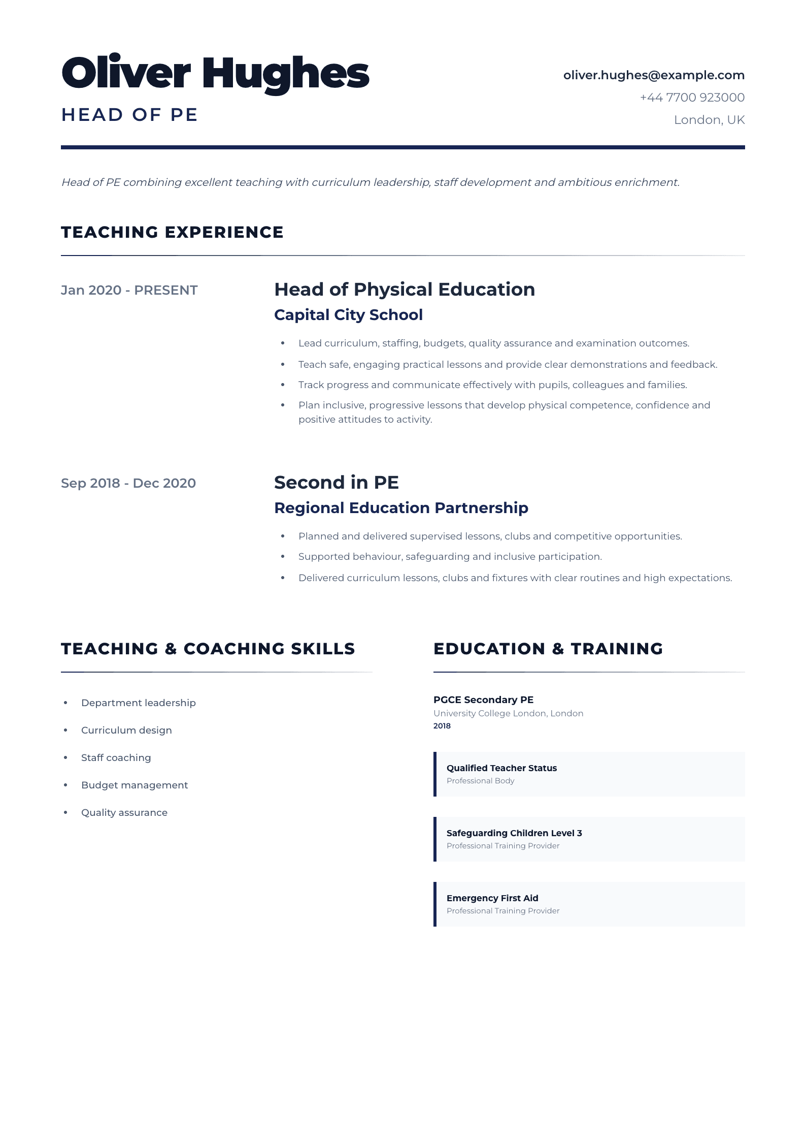 Head of PE CV template