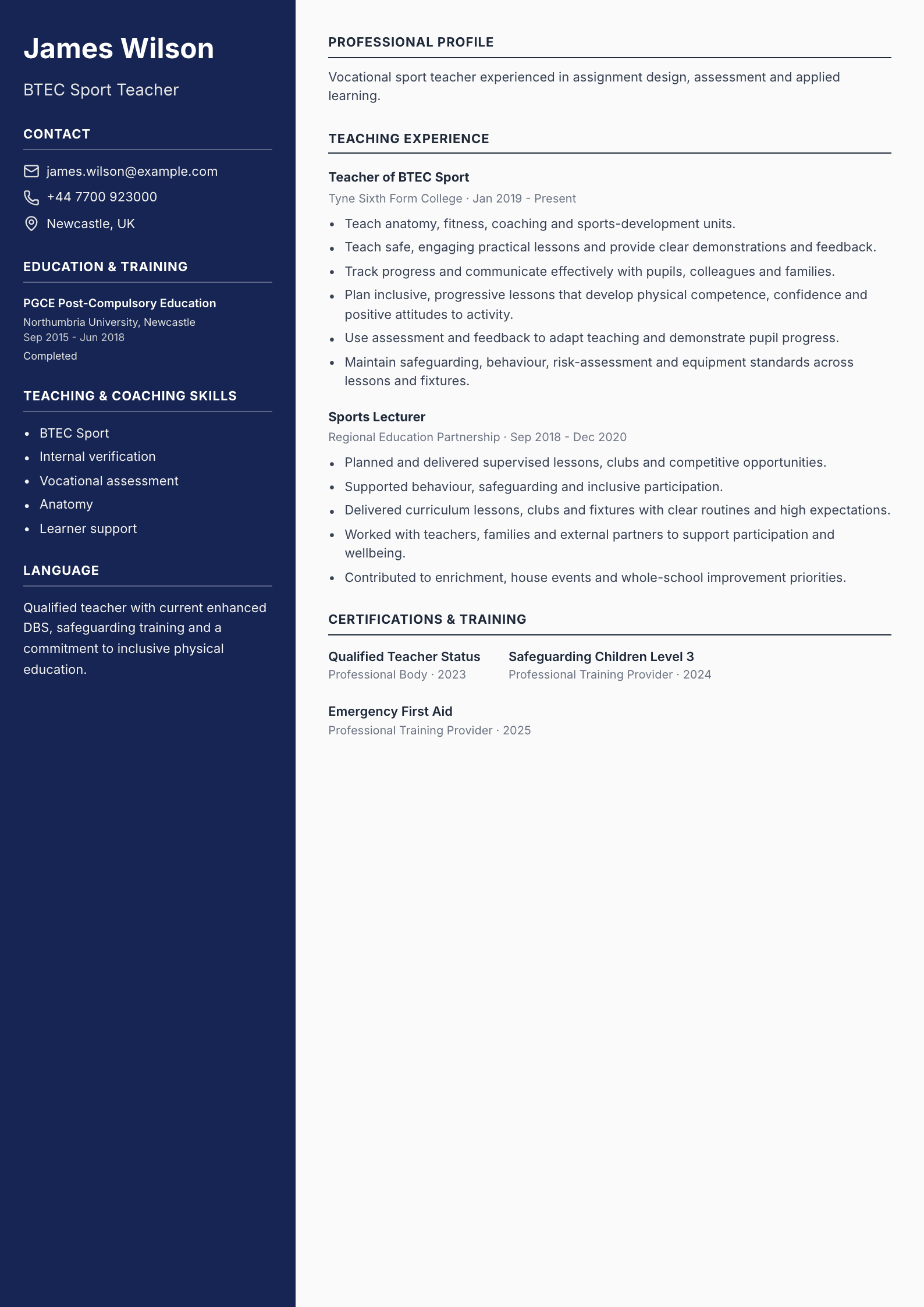 BTEC Sport Teacher CV template