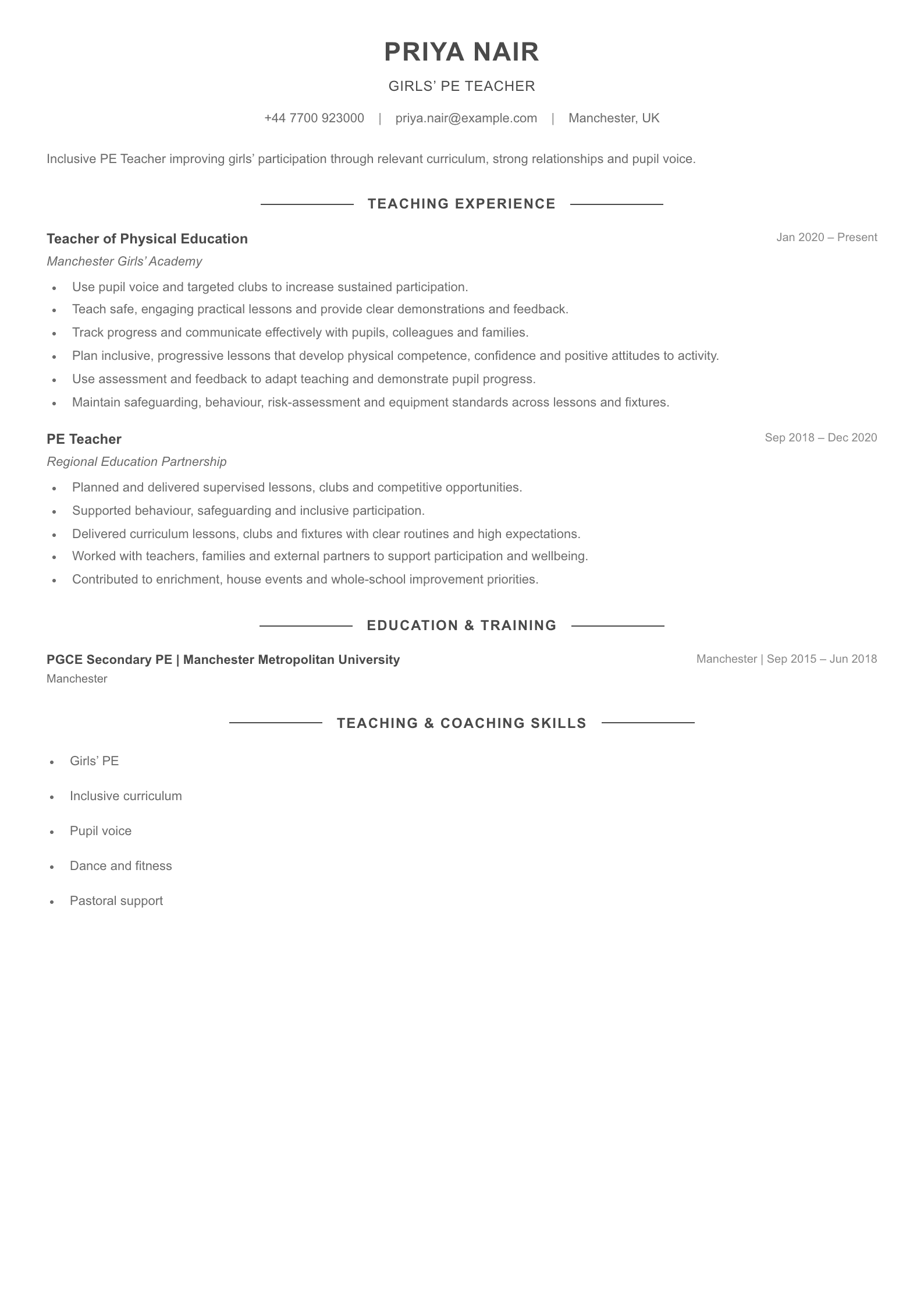 Girls’ PE Teacher CV template