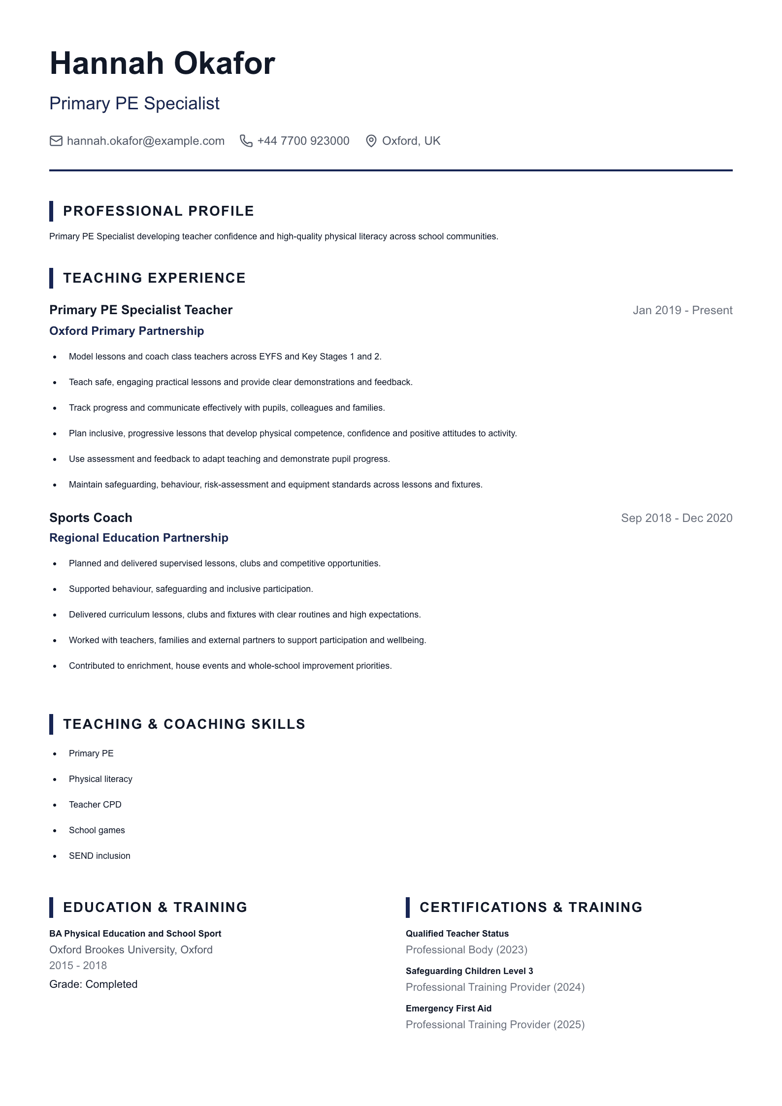 Primary PE Specialist CV template
