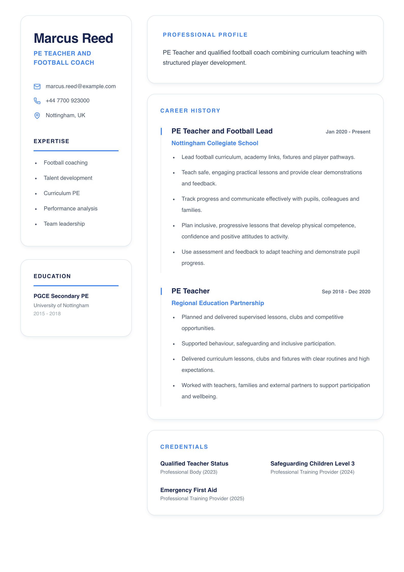 PE Teacher and Football Coach CV template