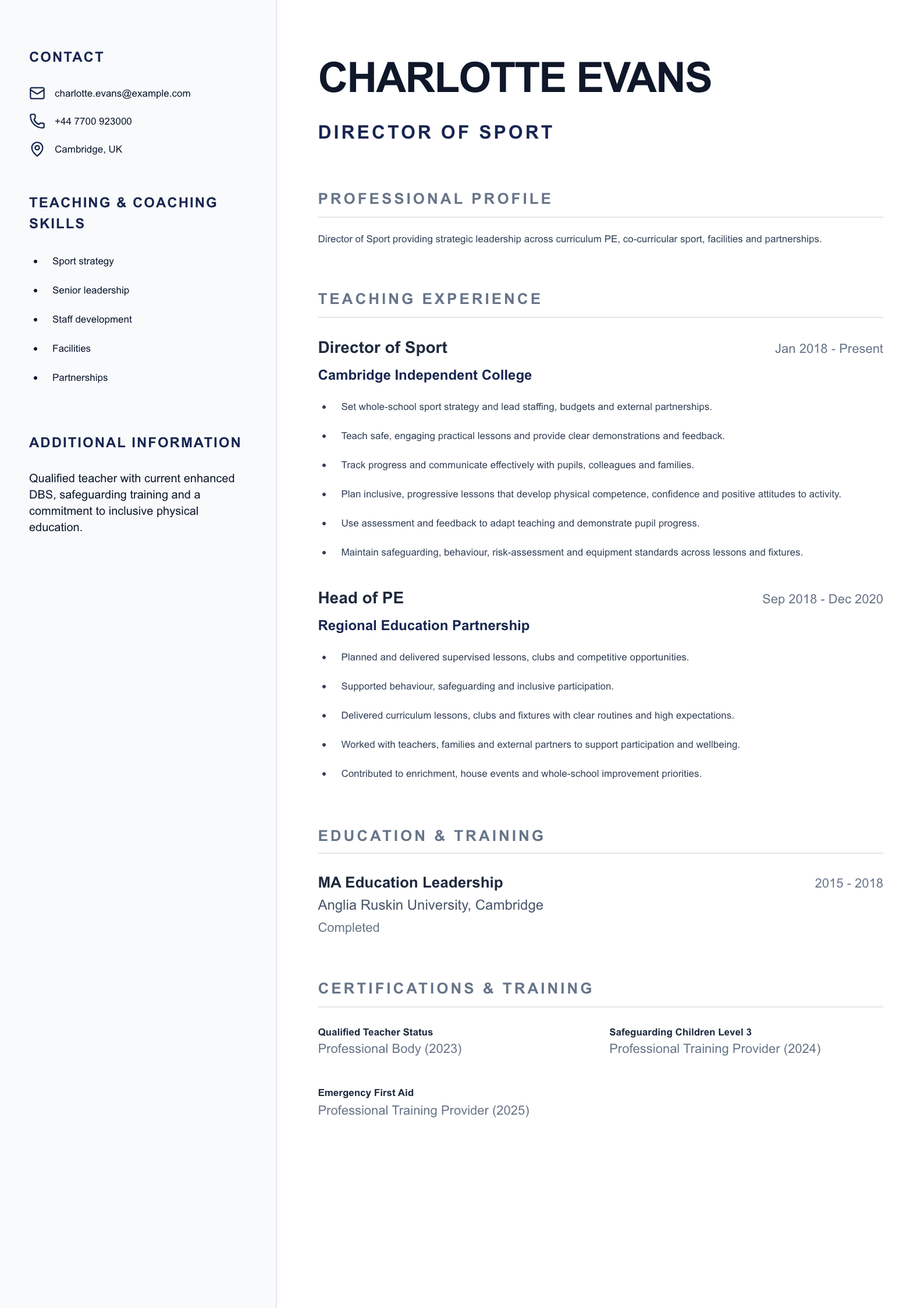 Director of Sport CV template