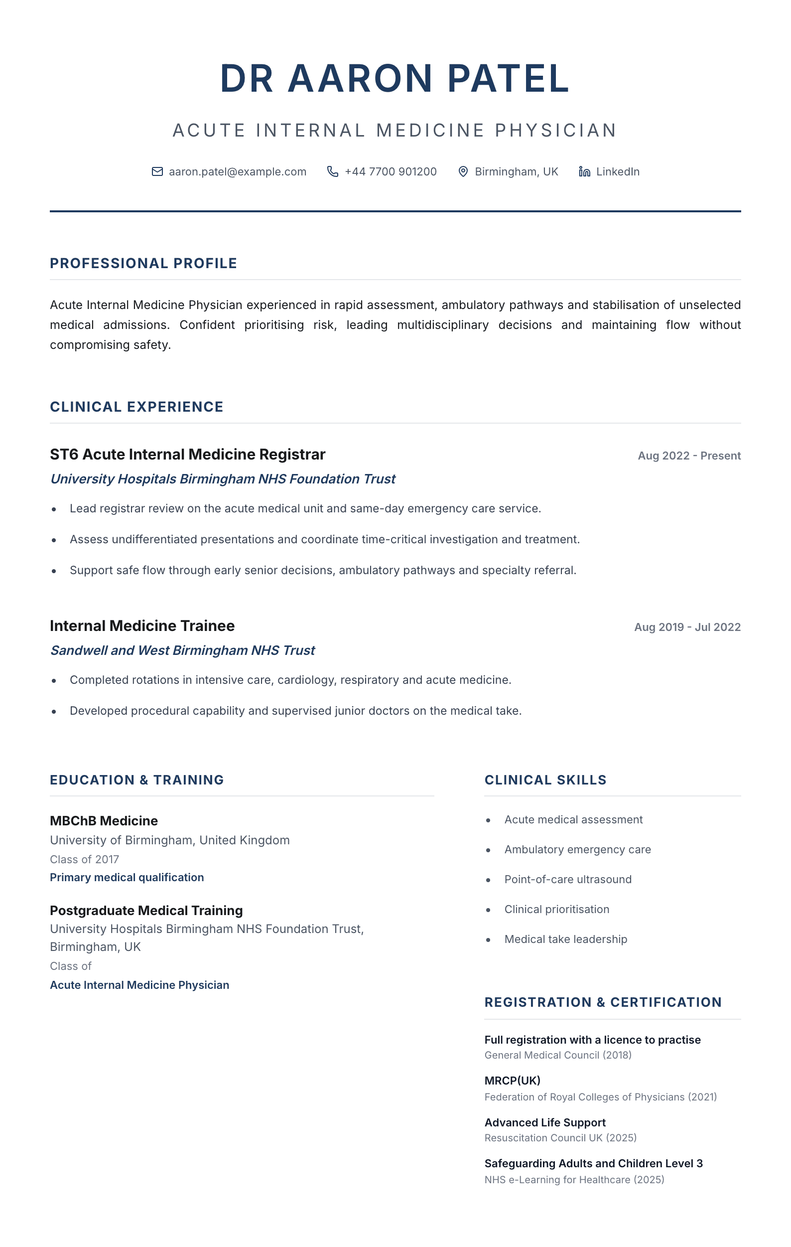 Acute Internal Medicine Physician CV template