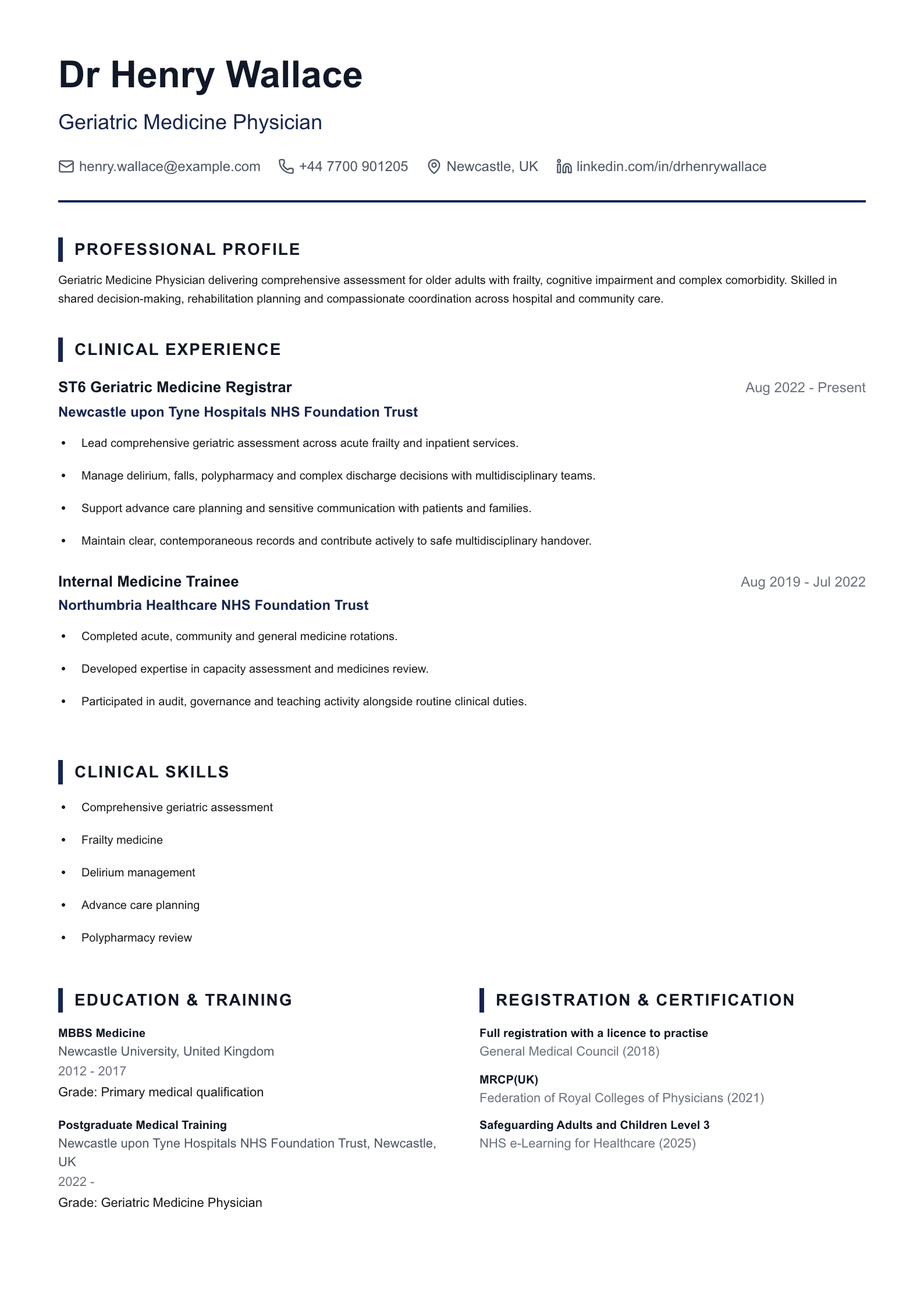 Geriatric Medicine Physician CV template