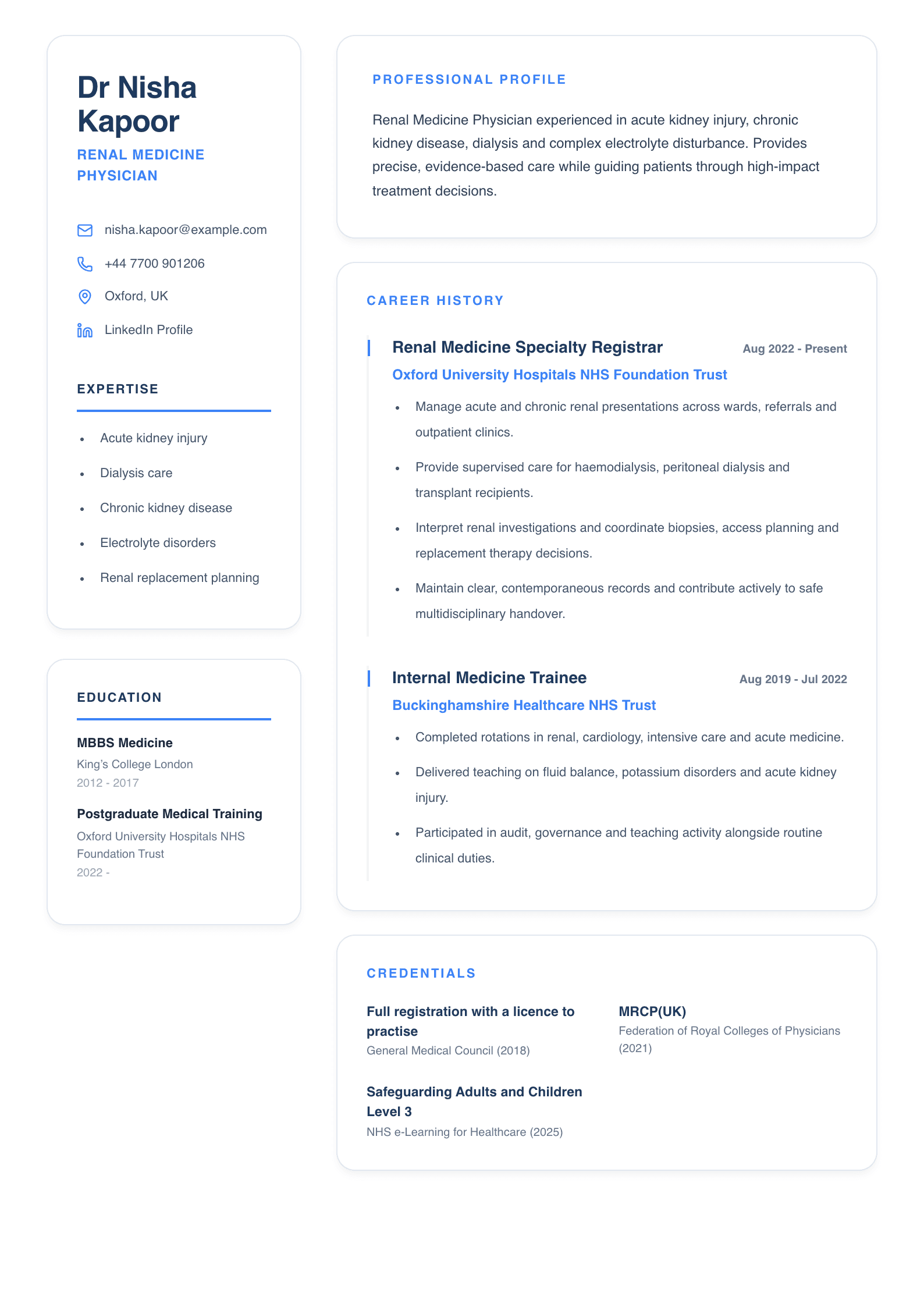 Renal Medicine Physician CV template
