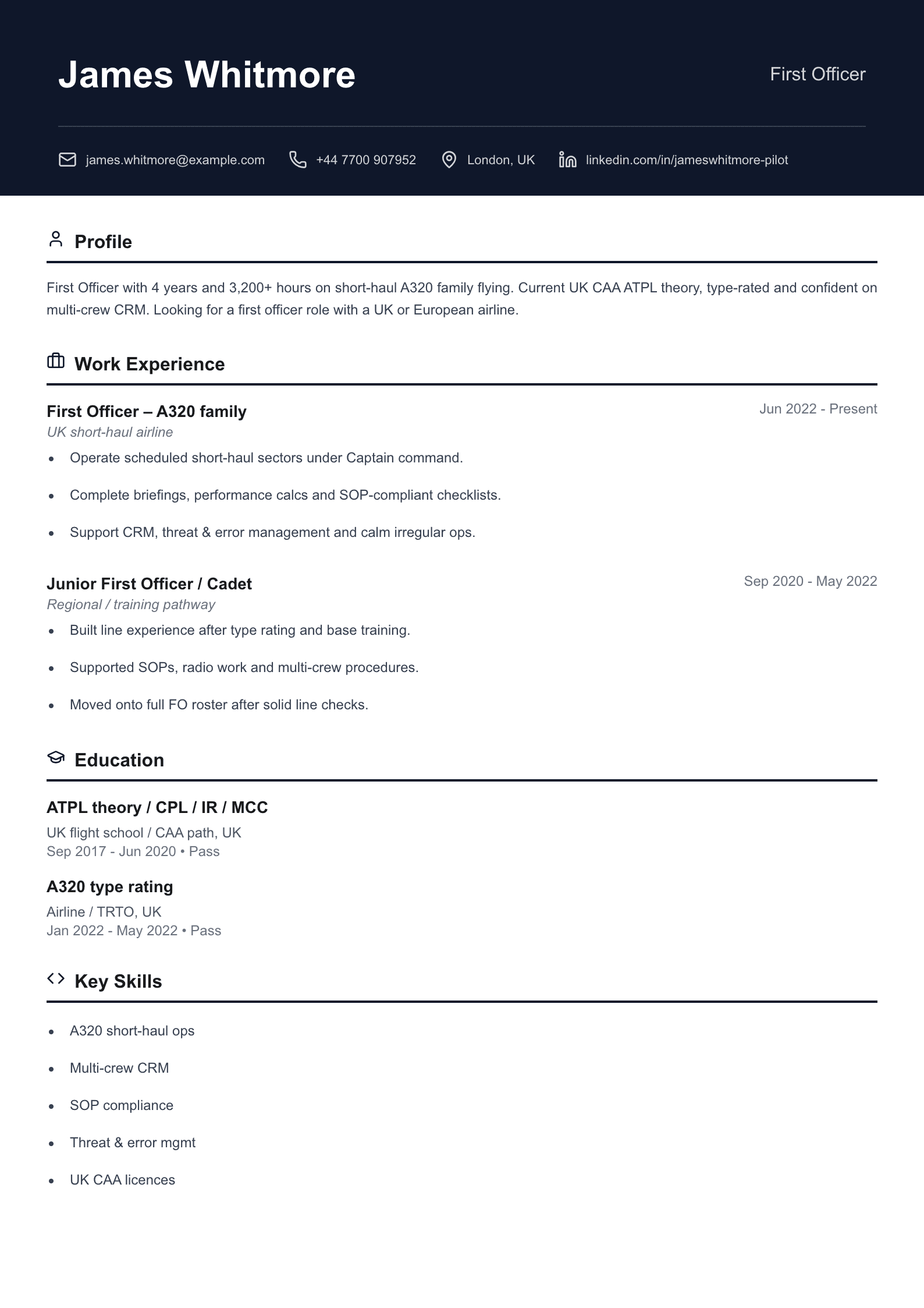 First officer CV template