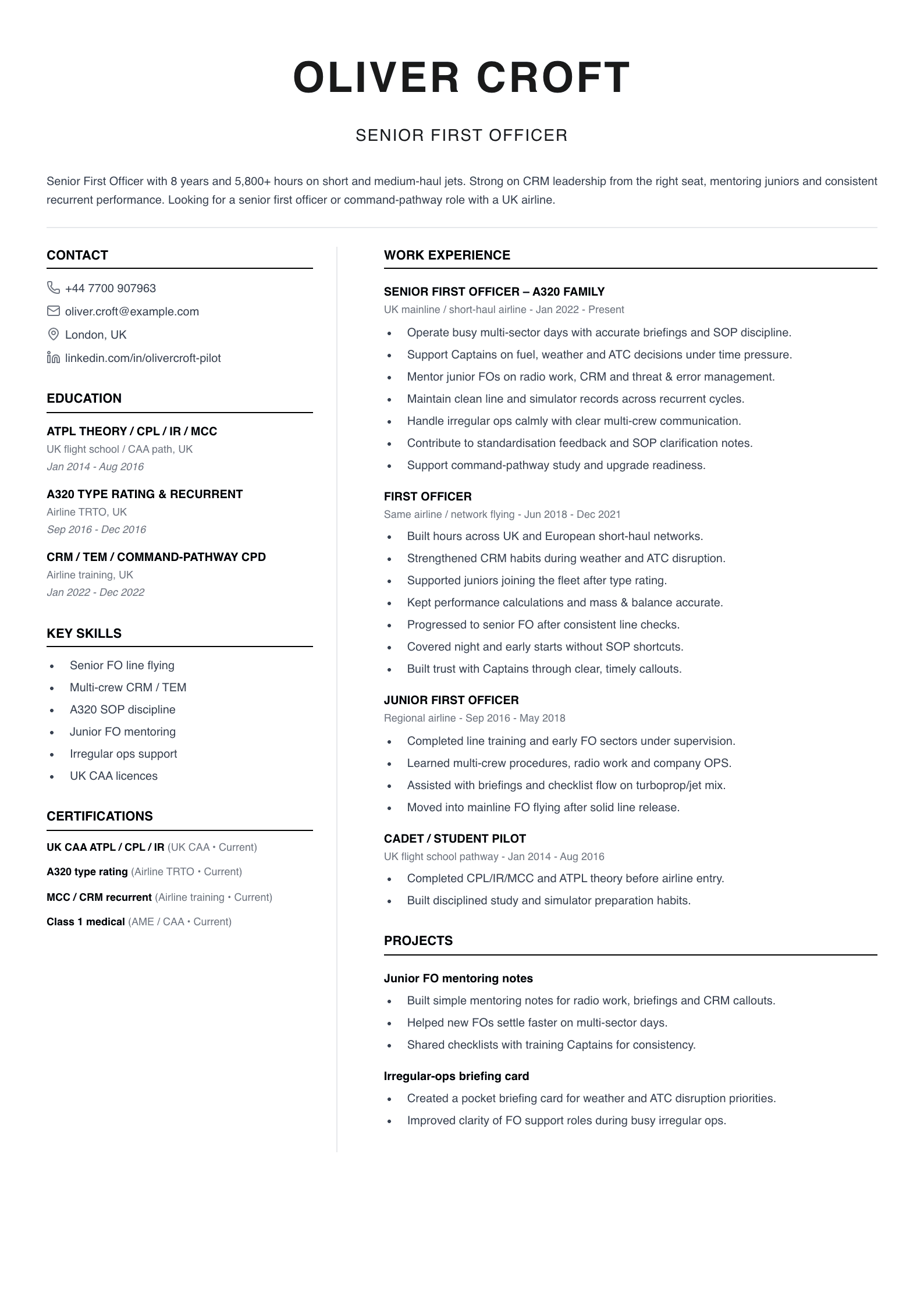 senior first officer CV template