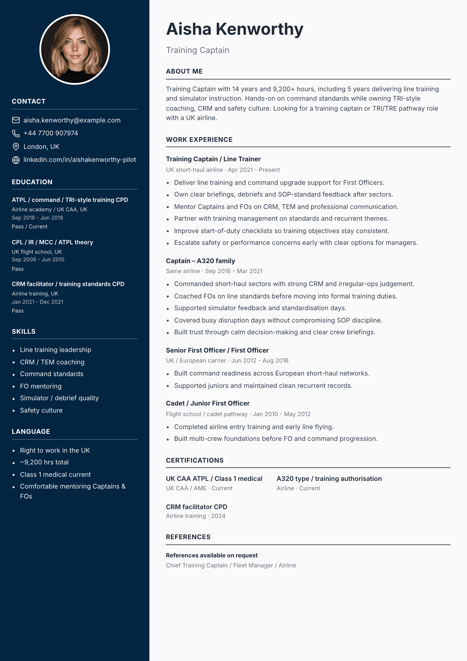 Training captain CV template
