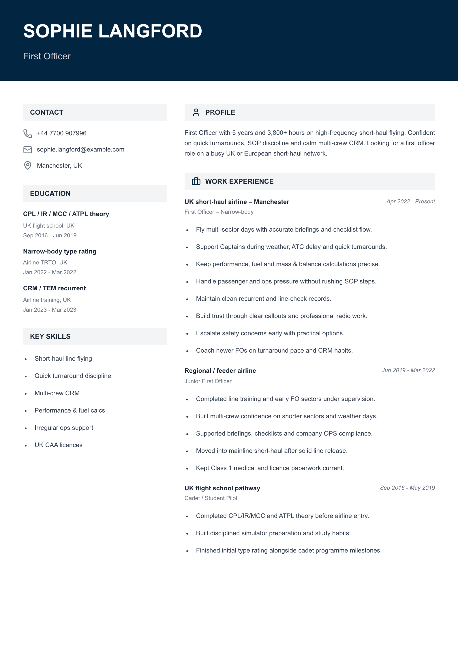 short-haul first officer CV template