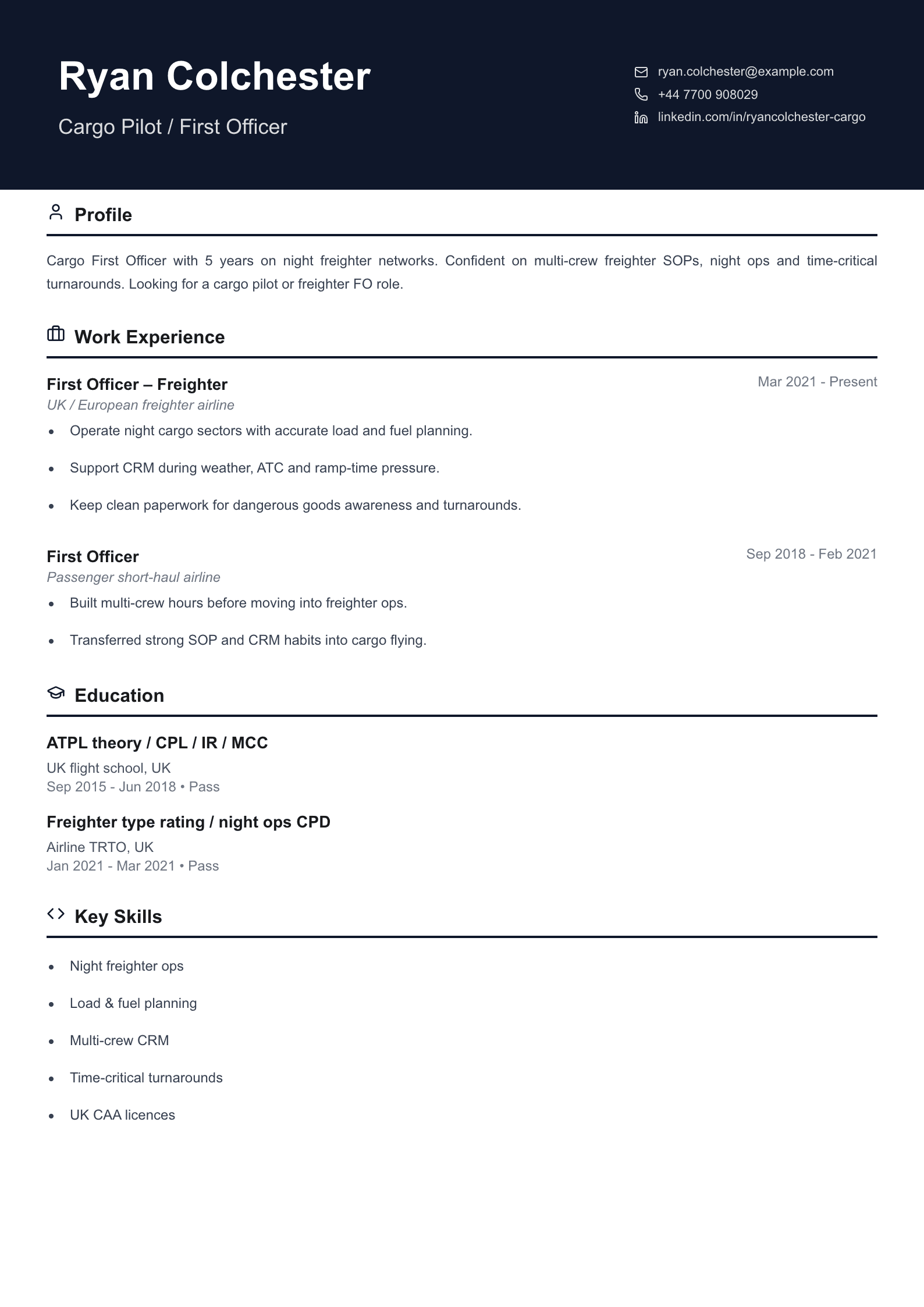 cargo pilot CV template