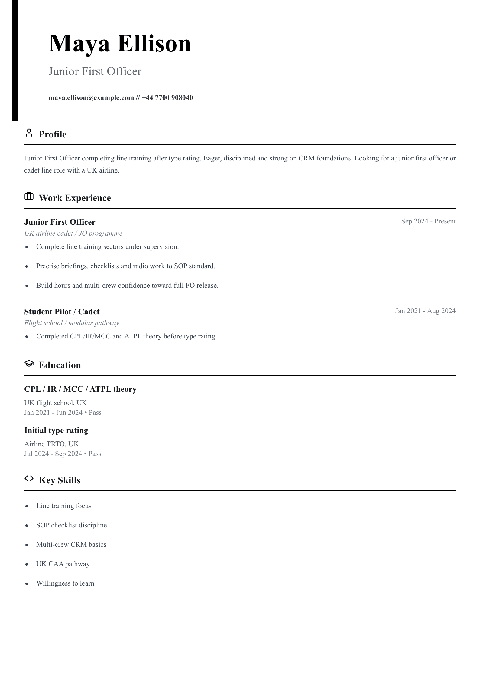 junior first officer CV template