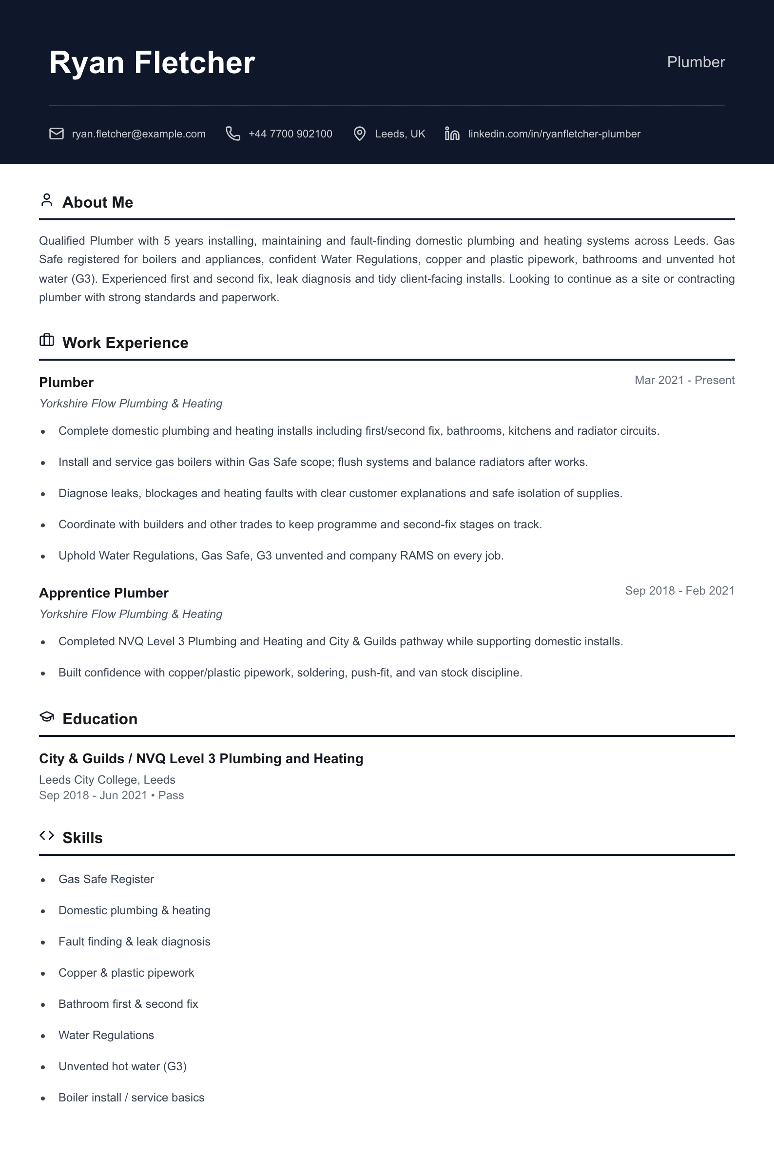 plumber cv template
